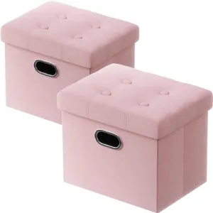 PRANDOM Ottoman with Storage [2-Pack] Velvet Folding Small Square Foot Stool with Lid for Living Room Bedroom Coffee Table Dorm Pink 17x13x13 inches