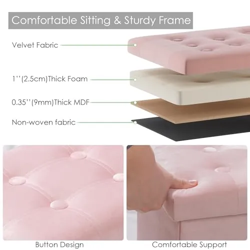 PRANDOM Ottoman with Storage [2-Pack] Velvet Folding Small Square Foot Stool with Lid for Living Room Bedroom Coffee Table Dorm Pink 17x13x13 inches