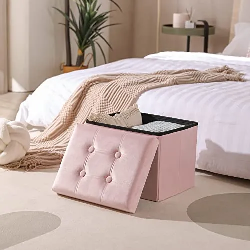 PRANDOM Ottoman with Storage [2-Pack] Velvet Folding Small Square Foot Stool with Lid for Living Room Bedroom Coffee Table Dorm Pink 17x13x13 inches