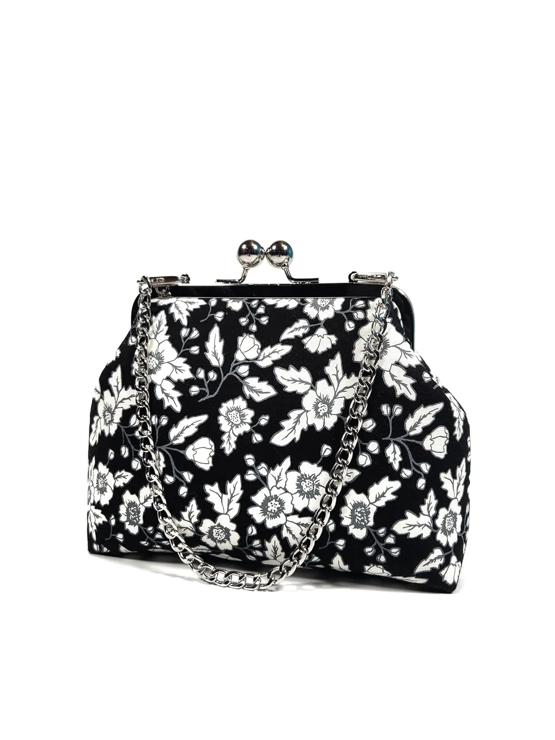 Pretty Black and White Floral Clutch Bag, Vintage Style Kisslock Purse, Goth Evening Bag, Novelty Purse, Gift for Women