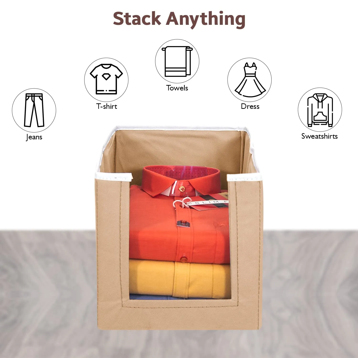 PrettyKrafts 3 Pcs Large Capacity Stackable Shirt Stacker, Storage Bins, Closet Organizers, Foldable Storage Boxes,Shelf Organizer, Shelves Basket Storage Bin For Organizing Clothing, Toys, Beige