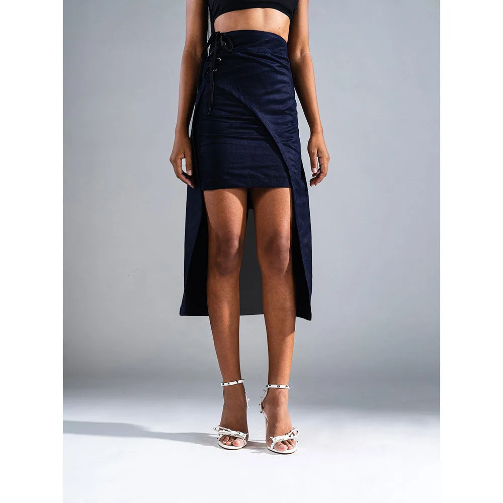 PRIMAL GRAY Navy Recycled Polyester Suede Asymmetrical Wrap Skirt