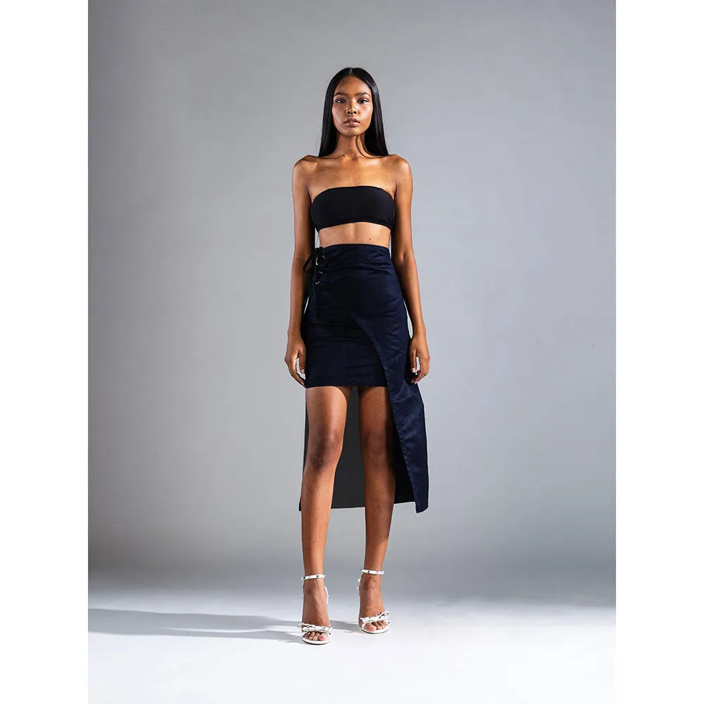 PRIMAL GRAY Navy Recycled Polyester Suede Asymmetrical Wrap Skirt