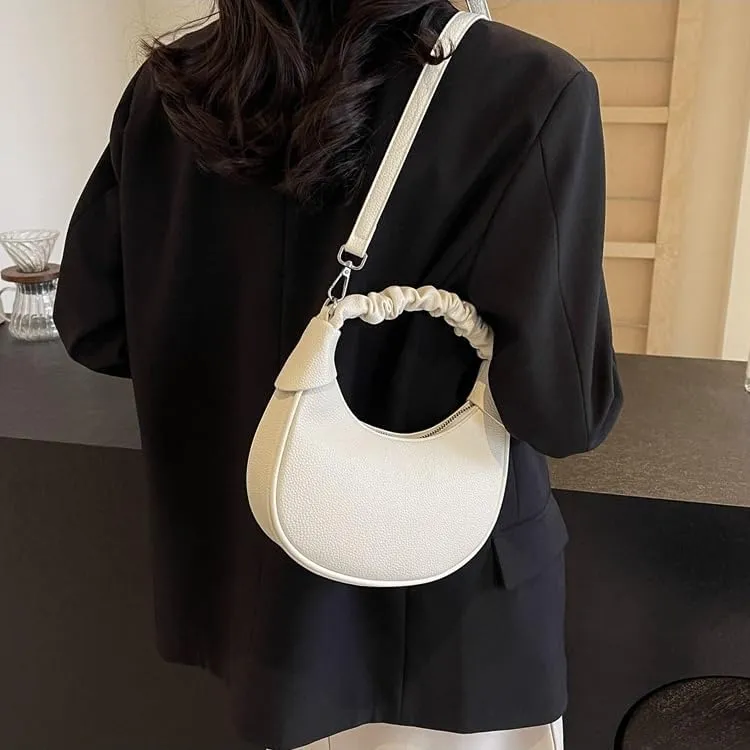 Purses Half Moon Bag for Women Leather Small Crescent Bag Crossbody Shoulder Bags Trendy Hobo Purse Handbags (White)