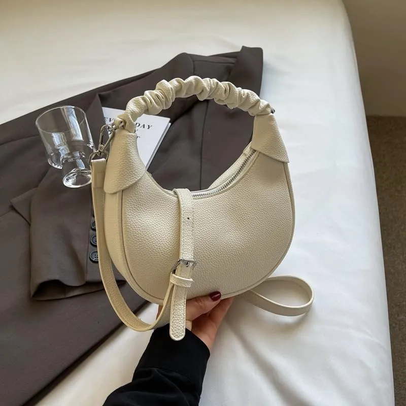 Purses Half Moon Bag for Women Leather Small Crescent Bag Crossbody Shoulder Bags Trendy Hobo Purse Handbags (White)