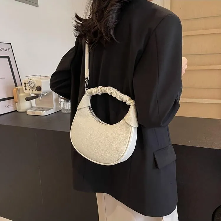Purses Half Moon Bag for Women Leather Small Crescent Bag Crossbody Shoulder Bags Trendy Hobo Purse Handbags (White)