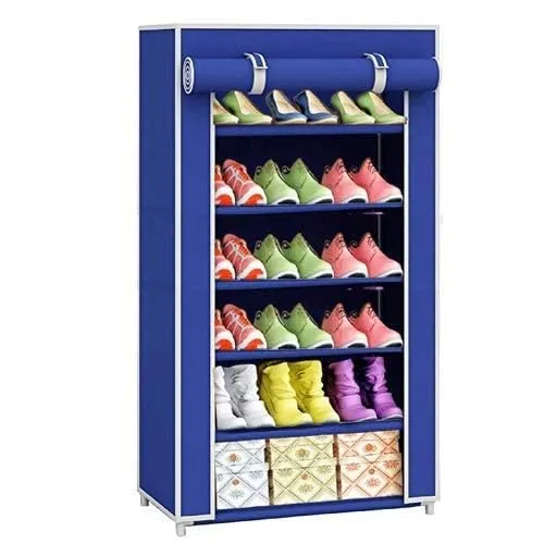 QUARCK Shoe Rack Stand for Home Multipurpose Storage Organizer Lightweight with Iron Pipes Dust Proof Cover (6-Layer-Elbow, Blue)