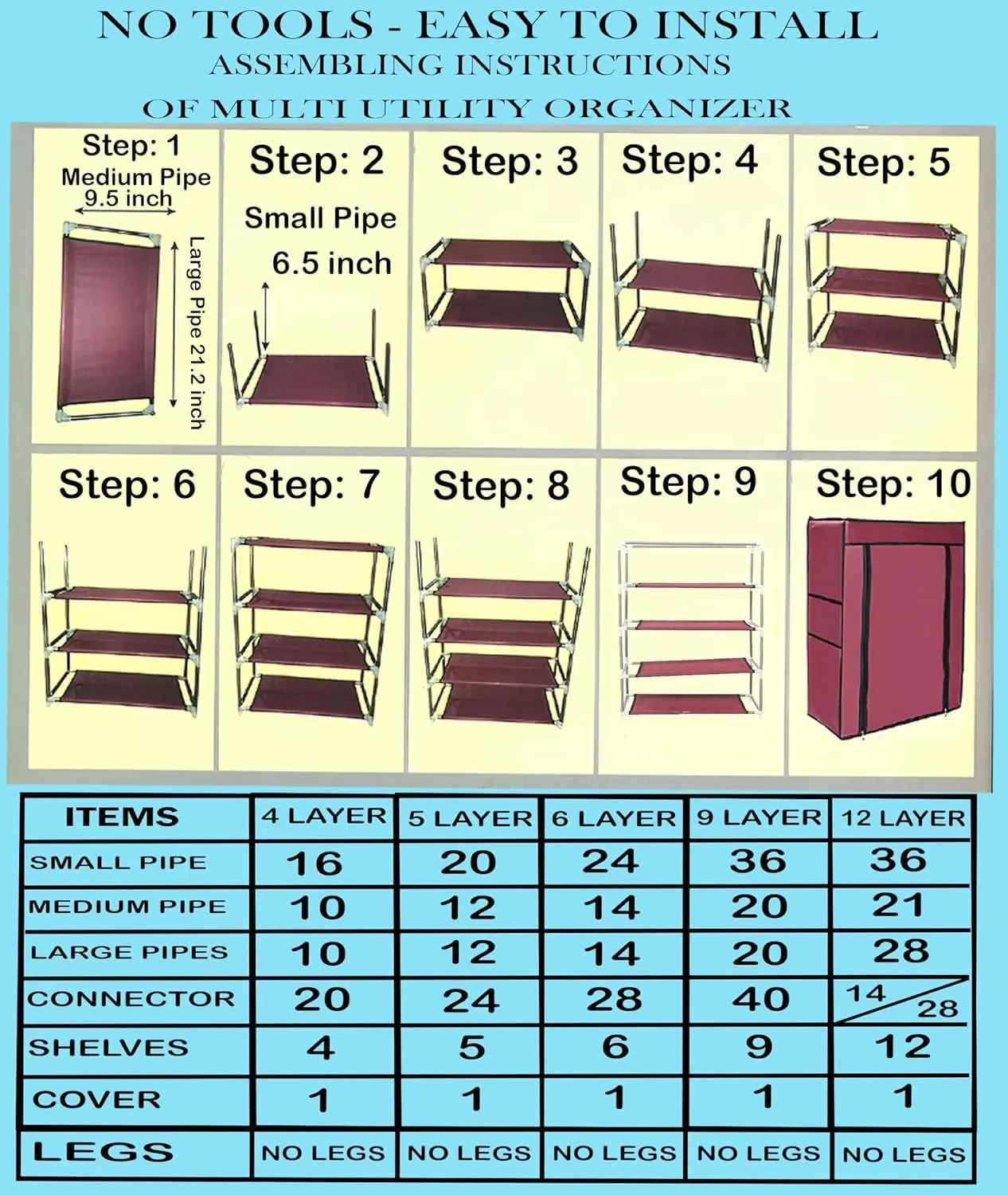 QUARCK Shoe Rack Stand for Home Multipurpose Storage Organizer Lightweight with Iron Pipes Dust Proof Cover (6-Layer-Elbow, Blue)