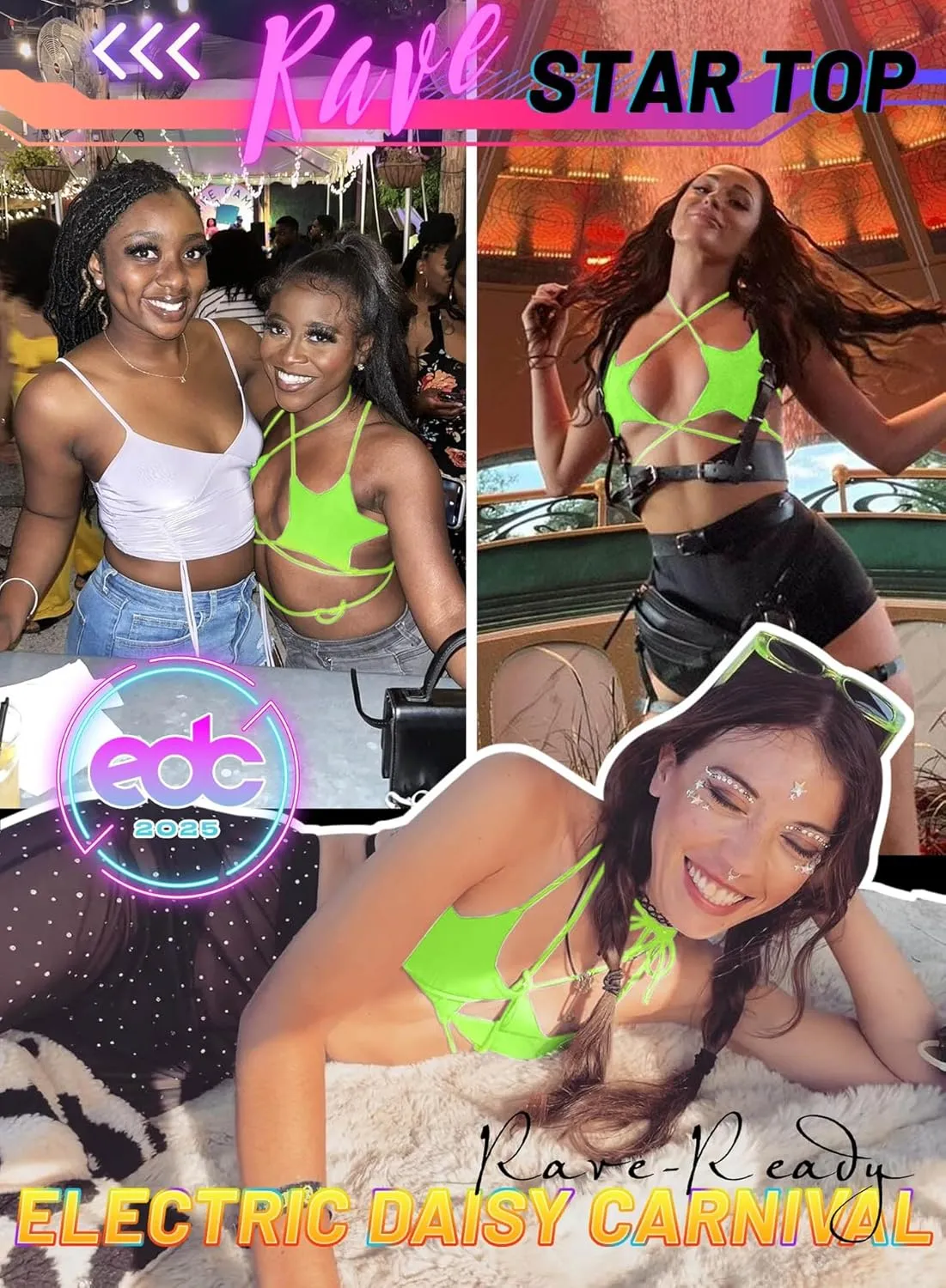 Rave Star Top for Women - EDC Festival Sexy Halter Party Dance Bra Backless Strappy Crisscross Wrap Tie Outfits