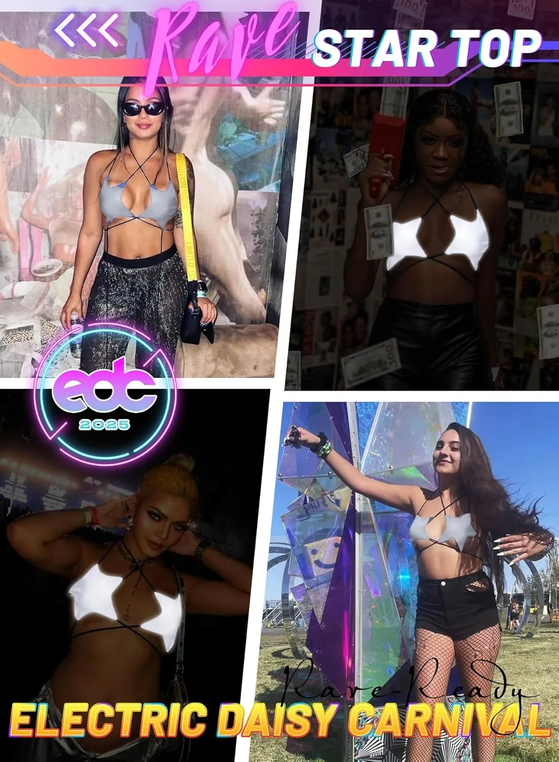 Rave Star Top for Women - EDC Festival Sexy Halter Party Dance Bra Backless Strappy Crisscross Wrap Tie Outfits