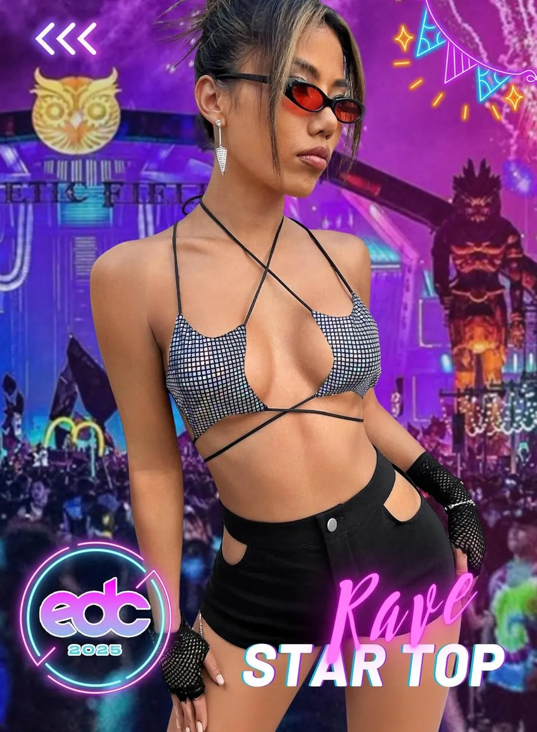 Rave Star Top for Women - EDC Festival Sexy Halter Party Dance Bra Backless Strappy Crisscross Wrap Tie Outfits