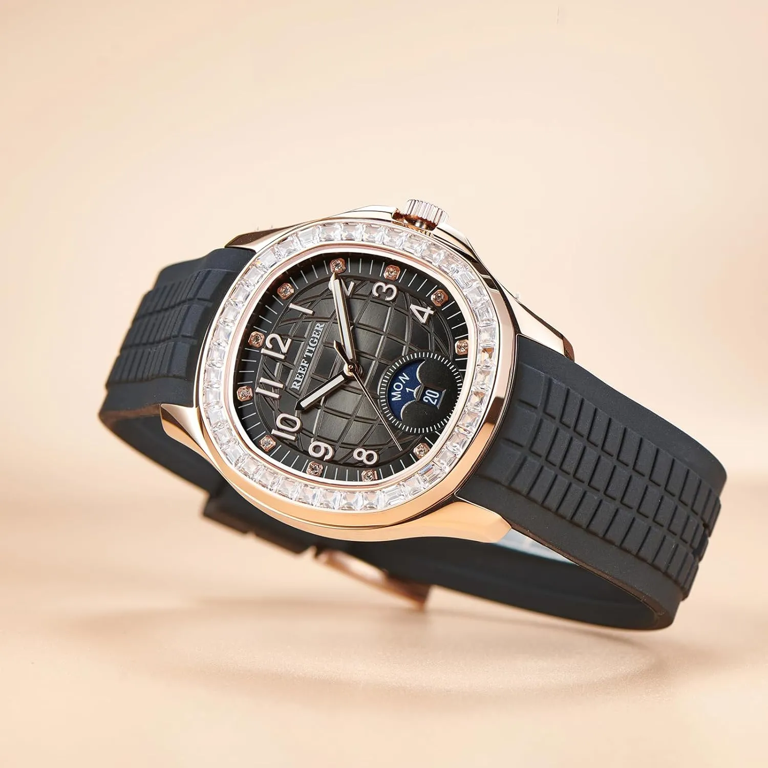 REEF TIGER Luxury Rose Gold Diamonds Square Blue Dial Automatic Watch for Men Multi-Functional Luminous Rubber Band Sport Watches RGA1805