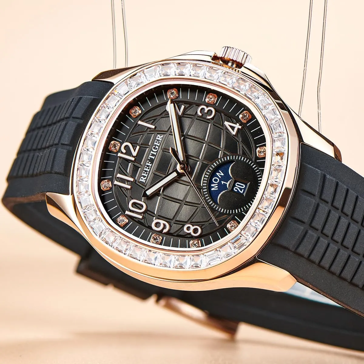 REEF TIGER Luxury Rose Gold Diamonds Square Blue Dial Automatic Watch for Men Multi-Functional Luminous Rubber Band Sport Watches RGA1805