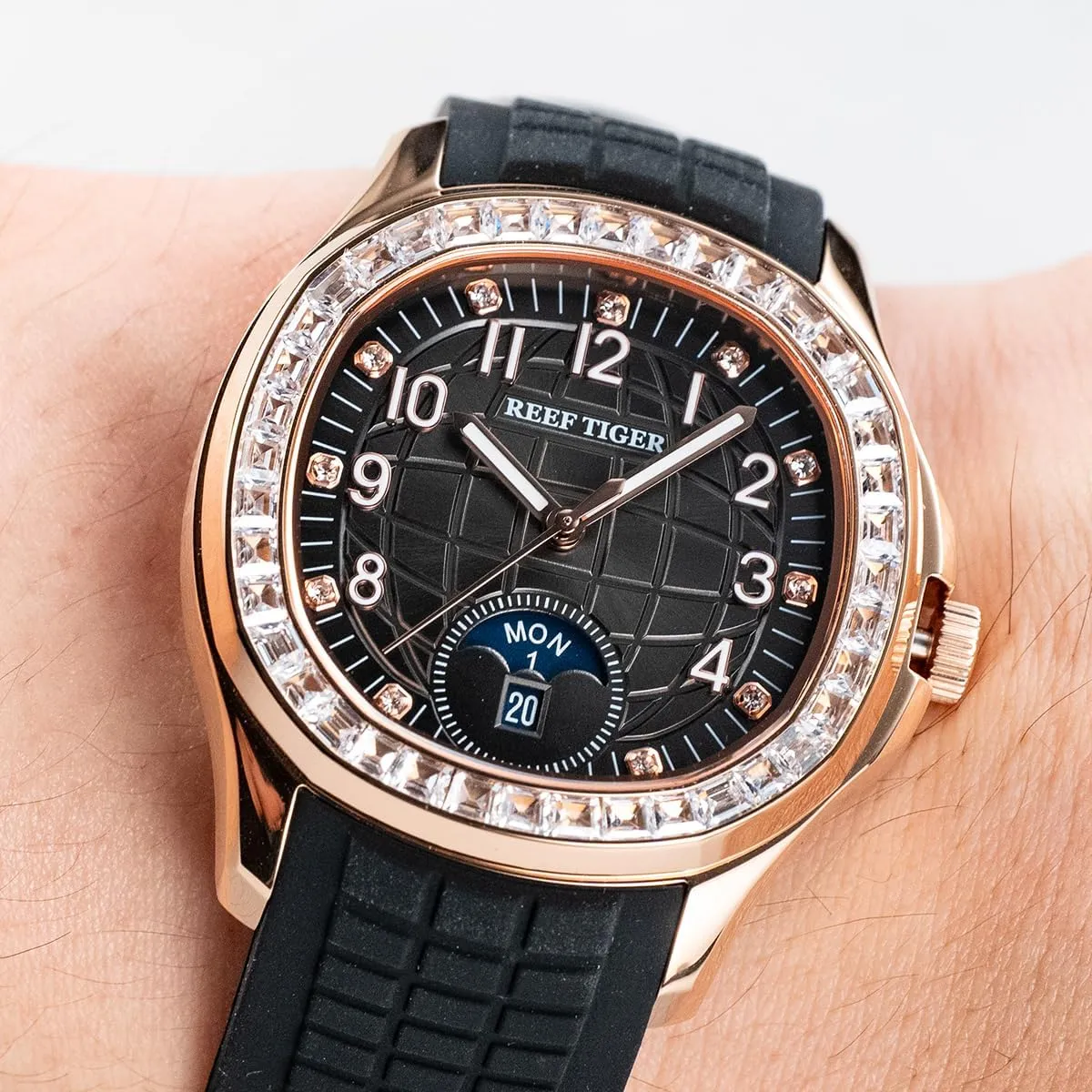 REEF TIGER Luxury Rose Gold Diamonds Square Blue Dial Automatic Watch for Men Multi-Functional Luminous Rubber Band Sport Watches RGA1805