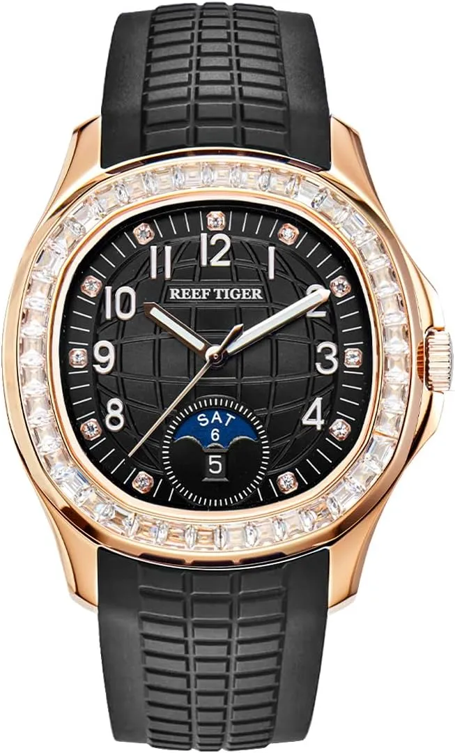 REEF TIGER Luxury Rose Gold Diamonds Square Blue Dial Automatic Watch for Men Multi-Functional Luminous Rubber Band Sport Watches RGA1805