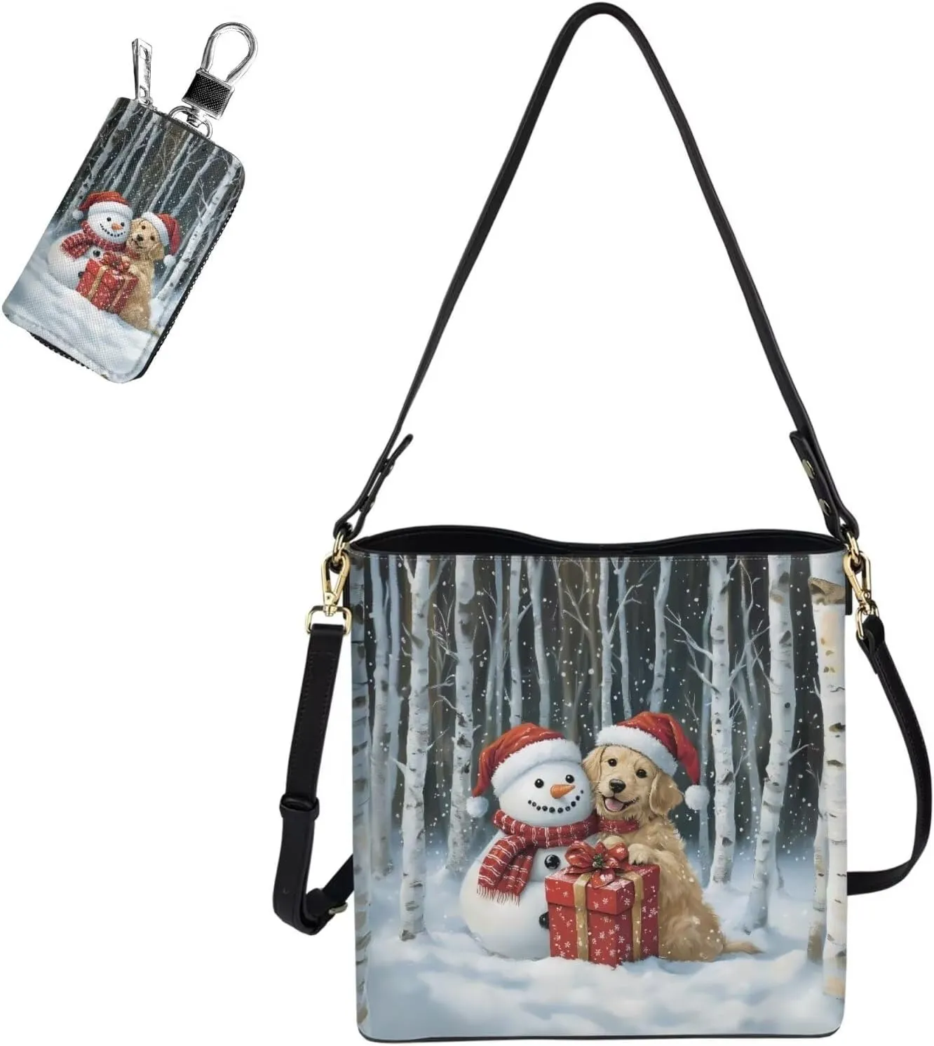 Rnyleeg 2 pcs Large Crossbody Bag for Women Leather Hobo Handbag for Work Bucket Bag with Matching Leather Car Key Cover