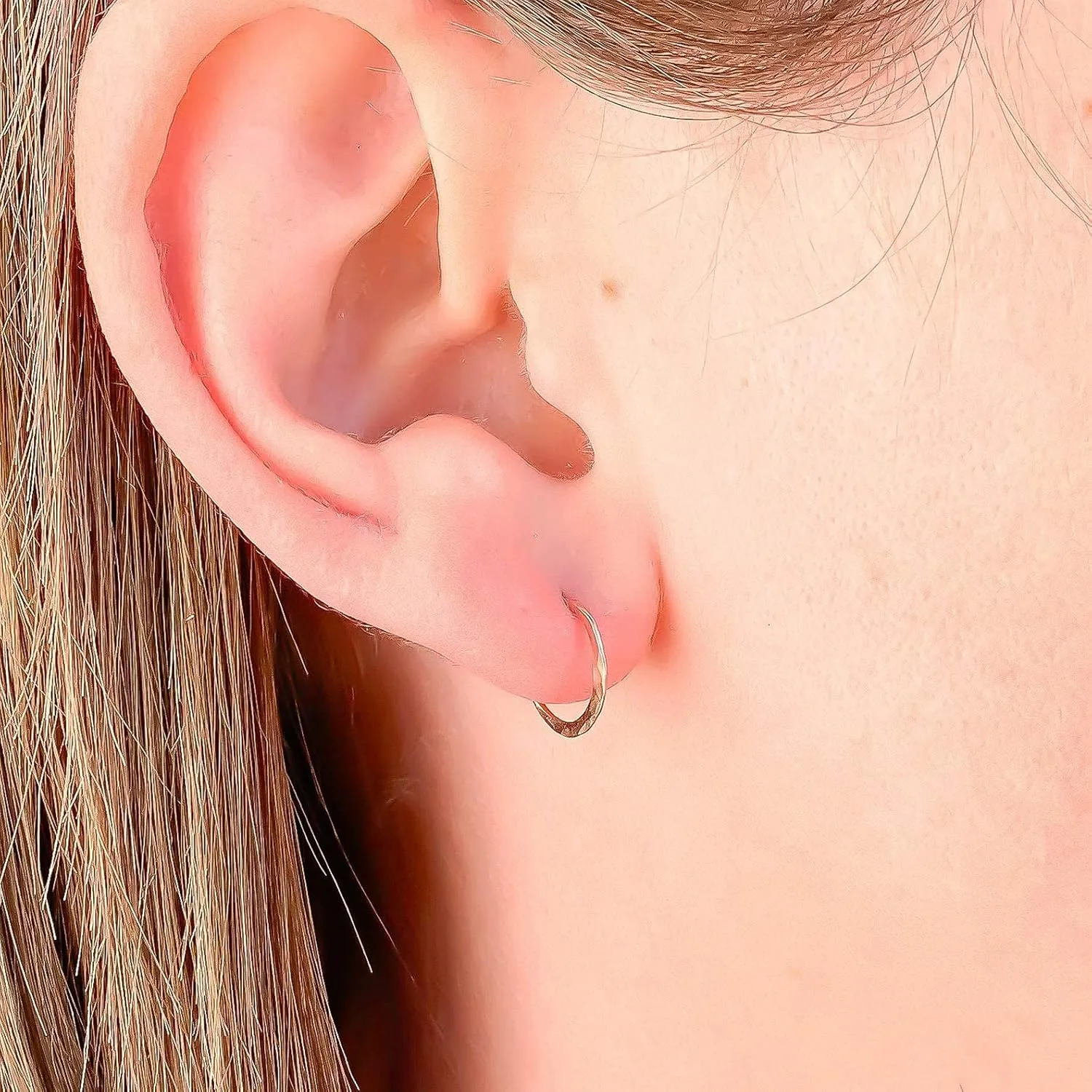 Rose Gold Hoop Earrings for Women, 14K Rose Gold Filled, 10mm, Hammered Texture, Hoop Earrings Hypoallergenic Sensitive Ears, Rose Gold Earrings Nickel Free (10mm, 14K Rose Gold Filled)