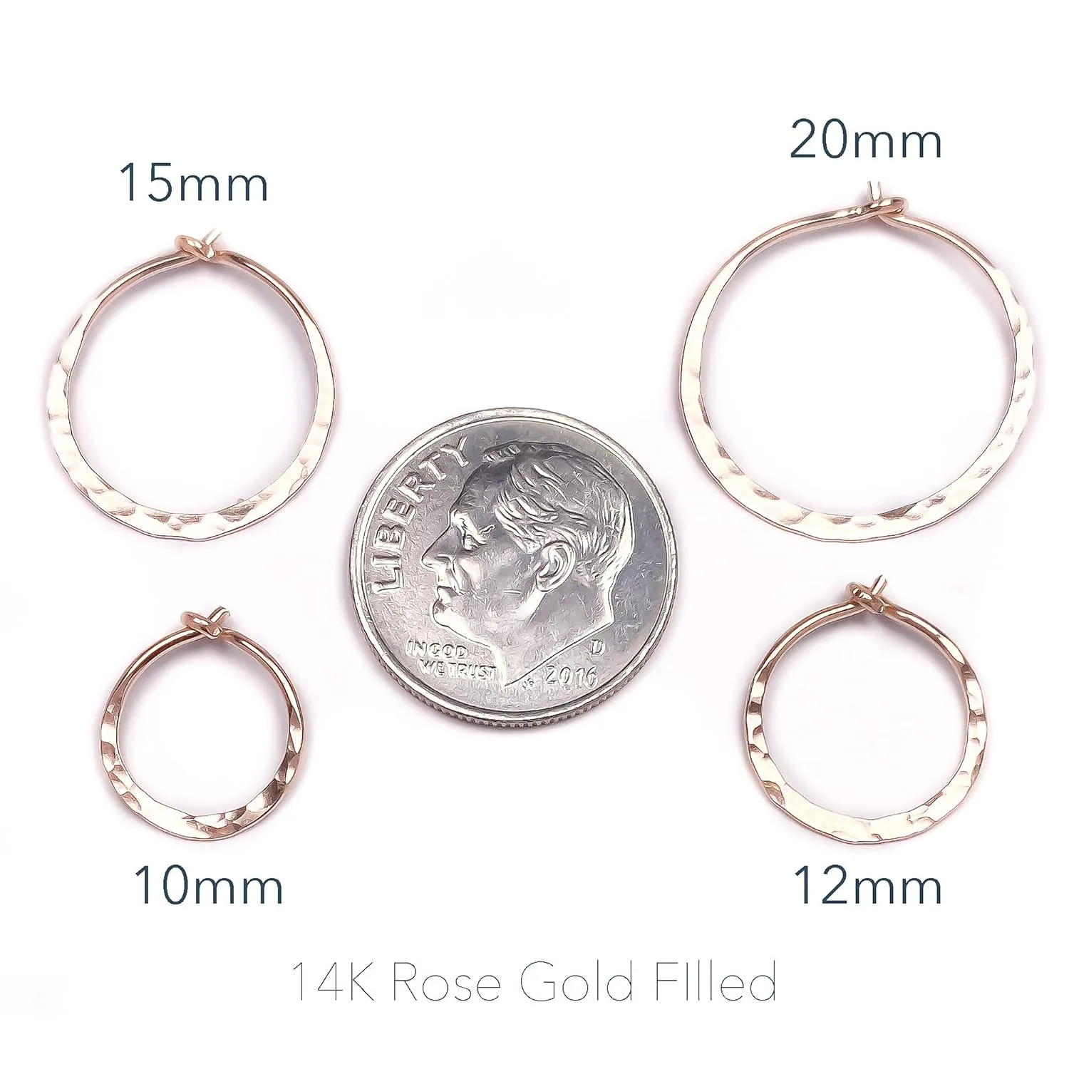 Rose Gold Hoop Earrings for Women, 14K Rose Gold Filled, 10mm, Hammered Texture, Hoop Earrings Hypoallergenic Sensitive Ears, Rose Gold Earrings Nickel Free (10mm, 14K Rose Gold Filled)