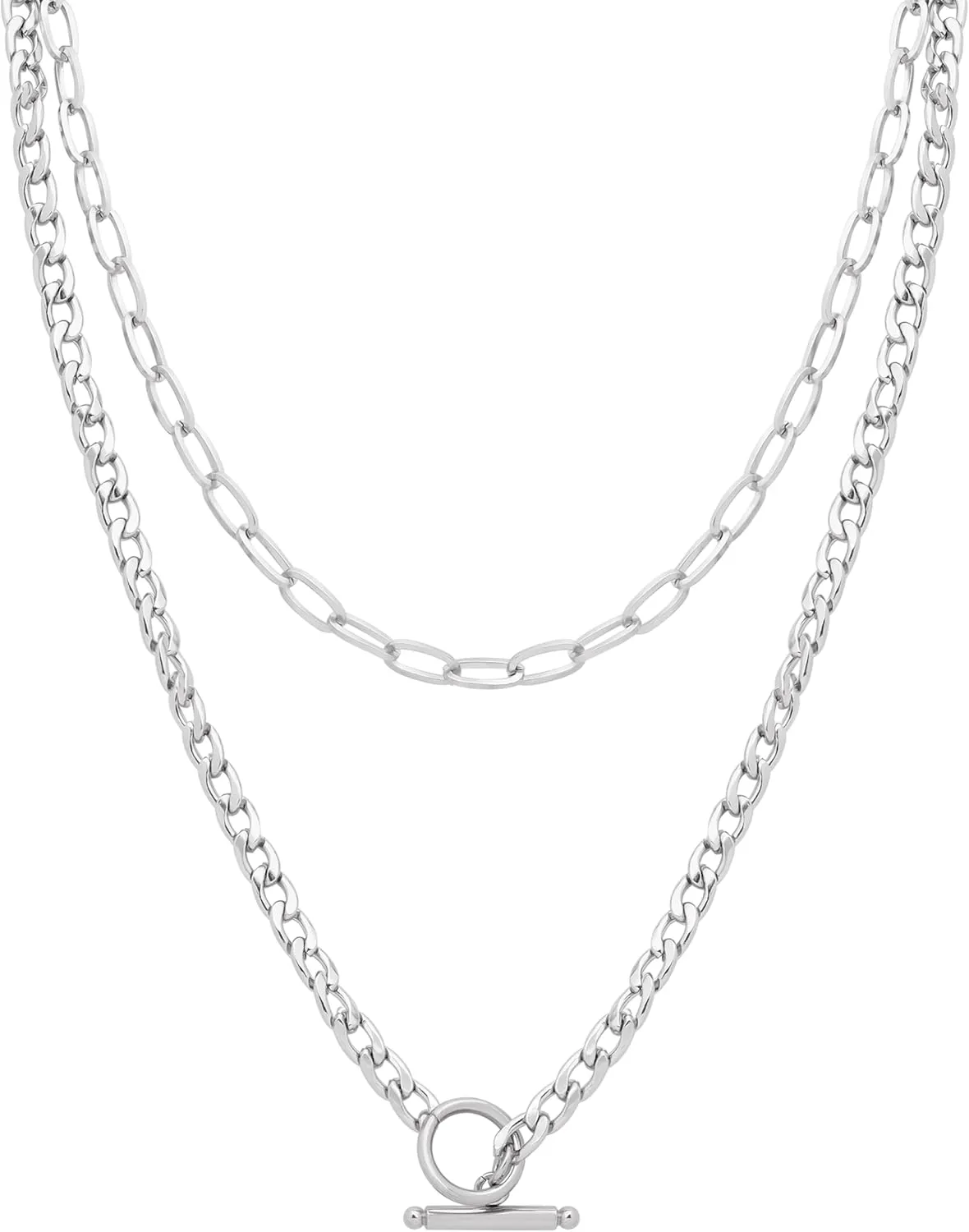 Sacina Silver-tone Layered Double Necklaces for Women, Chunky PaperClip Curban Chain, Christmas Jewelry Gift for Women