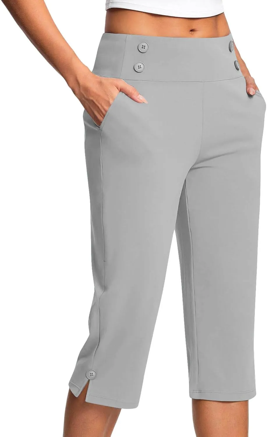 SHOPESSA Womens Capri Pants Elastic High Waist Business Work Trousers Straight Leg Stretch Capris Casual Loose Fit Crop Pants