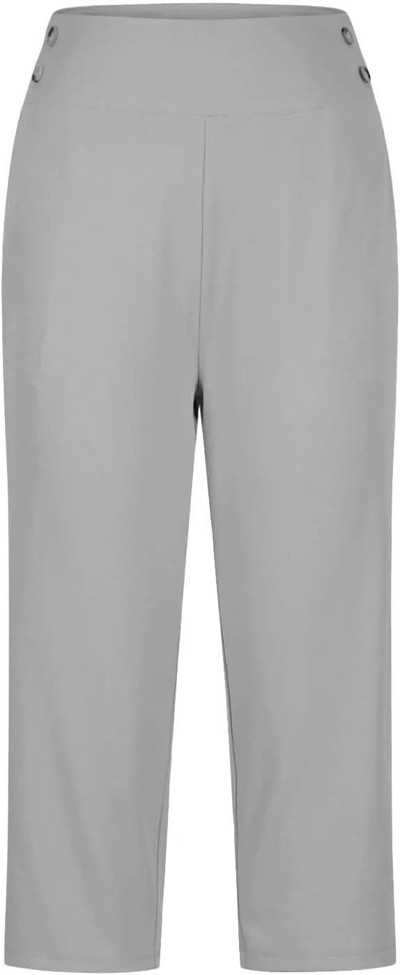 SHOPESSA Womens Capri Pants Elastic High Waist Business Work Trousers Straight Leg Stretch Capris Casual Loose Fit Crop Pants