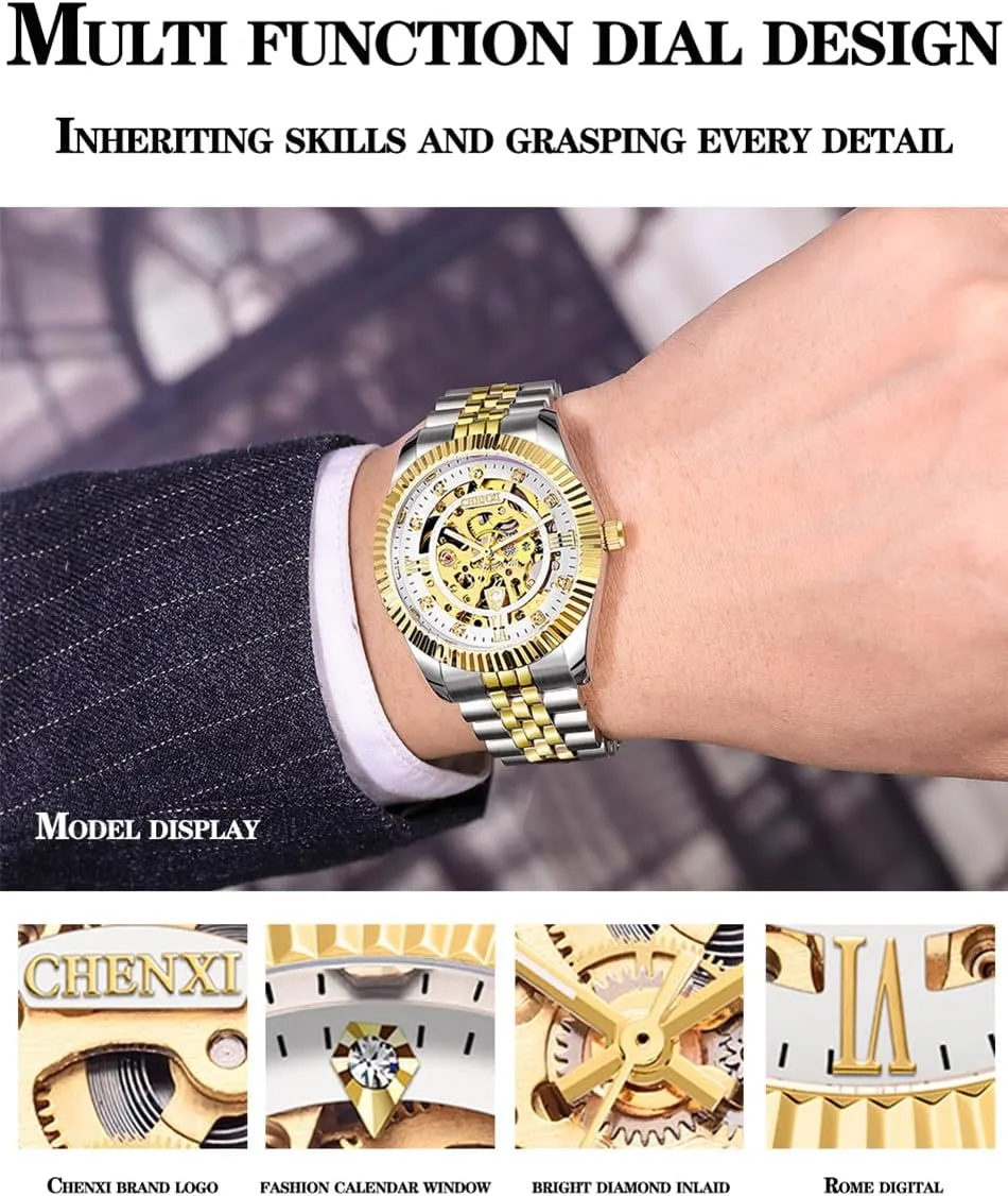 Skeleton Gold Watches for Men Automatic Luxury Diamond-Accented Mechanical Wrist Watches Business Stainless Steel Waterproof Charming Watches
