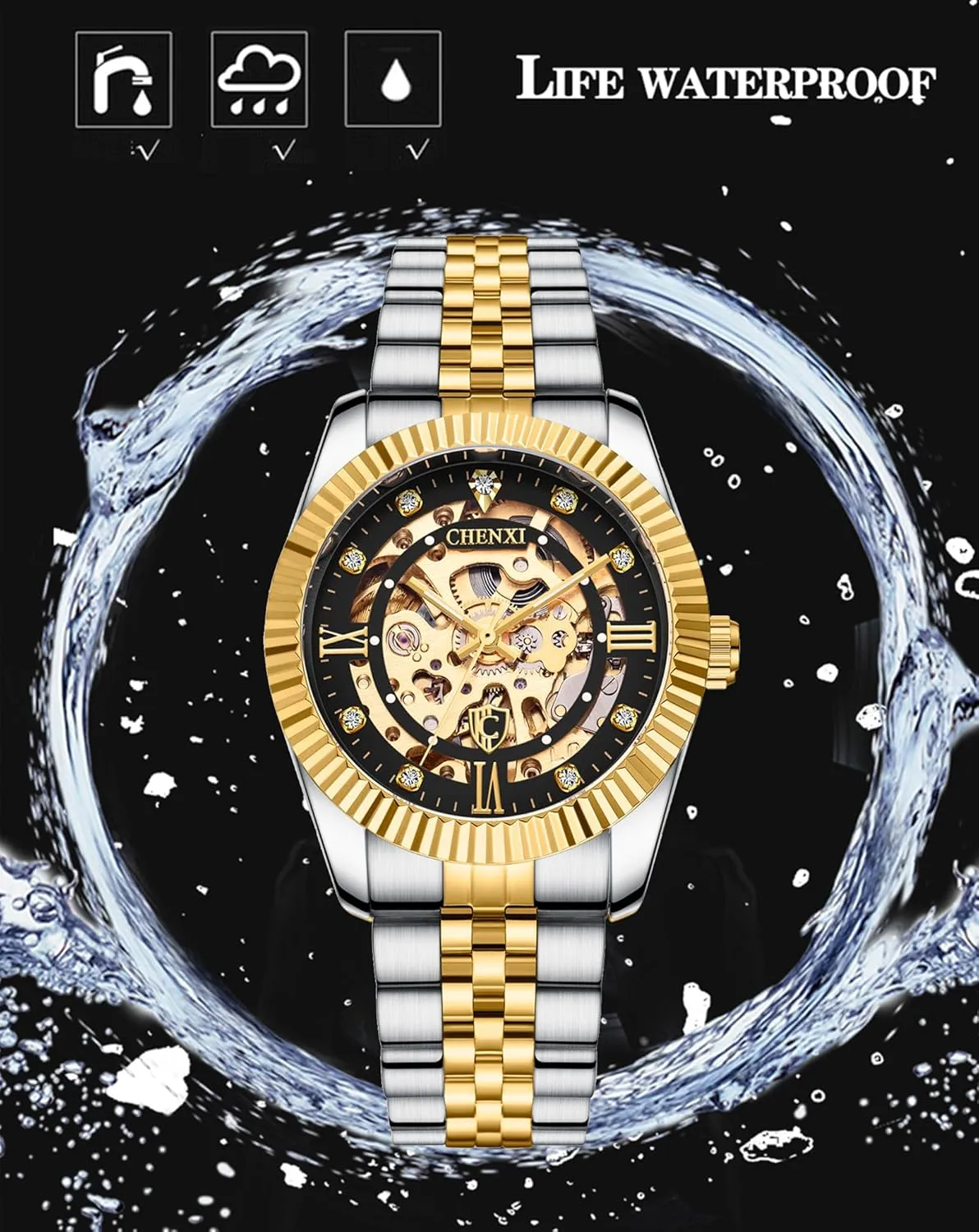 Skeleton Gold Watches for Men Automatic Luxury Diamond-Accented Mechanical Wrist Watches Business Stainless Steel Waterproof Charming Watches