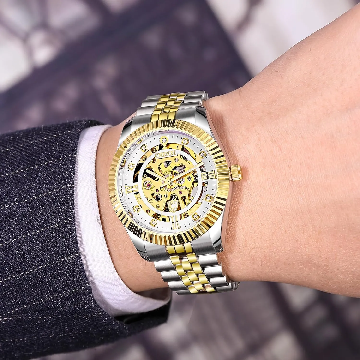 Skeleton Gold Watches for Men Automatic Luxury Diamond-Accented Mechanical Wrist Watches Business Stainless Steel Waterproof Charming Watches