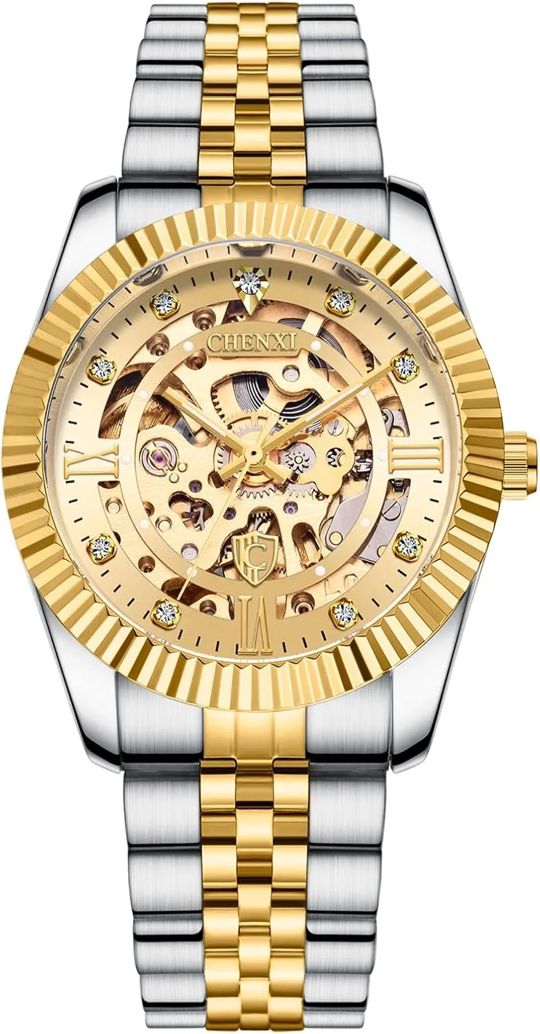 Skeleton Gold Watches for Men Automatic Luxury Diamond-Accented Mechanical Wrist Watches Business Stainless Steel Waterproof Charming Watches