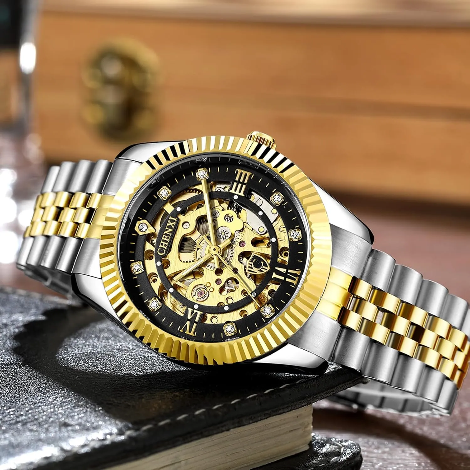 Skeleton Gold Watches for Men Automatic Luxury Diamond-Accented Mechanical Wrist Watches Business Stainless Steel Waterproof Charming Watches