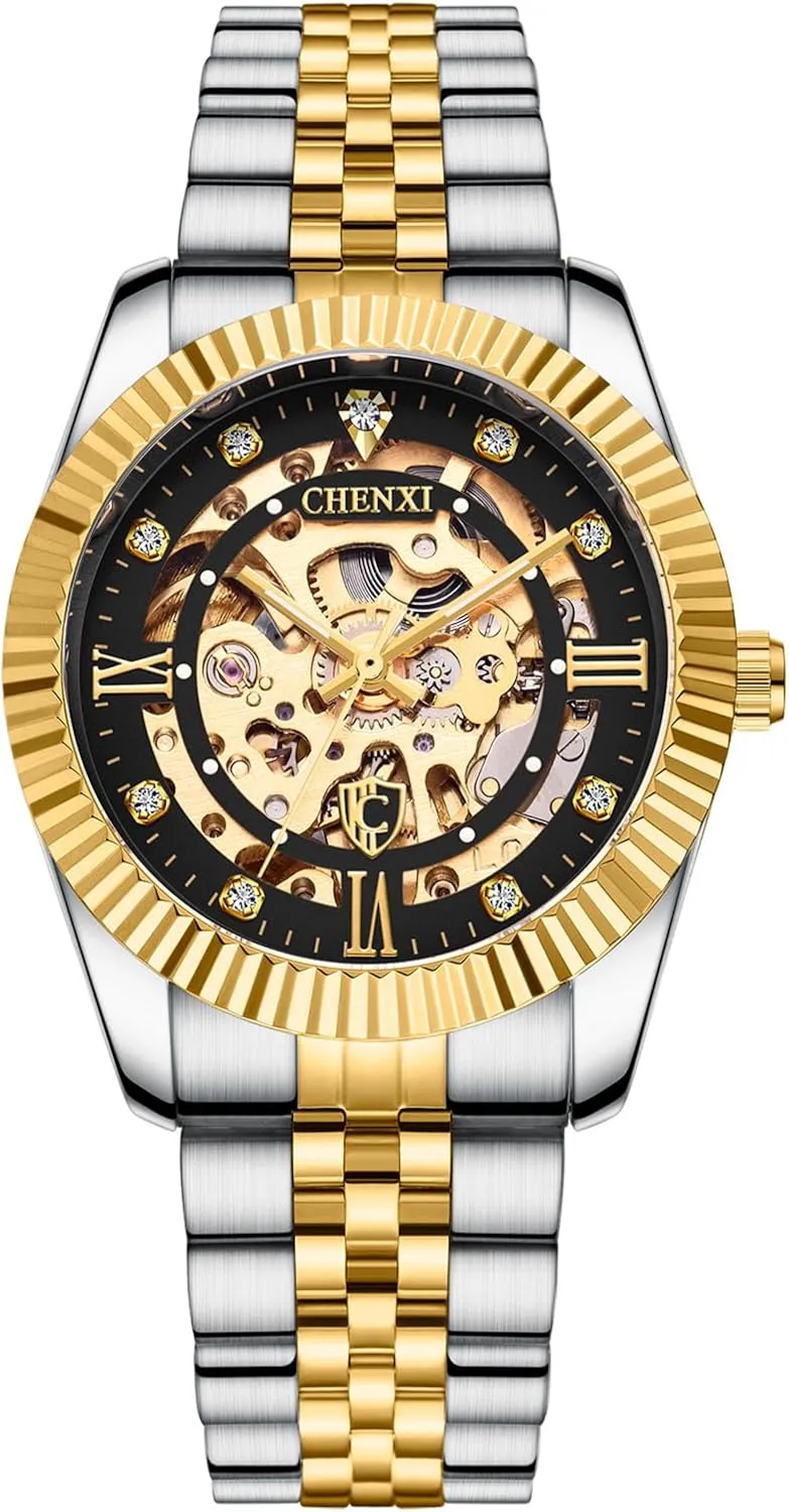 Skeleton Gold Watches for Men Automatic Luxury Diamond-Accented Mechanical Wrist Watches Business Stainless Steel Waterproof Charming Watches