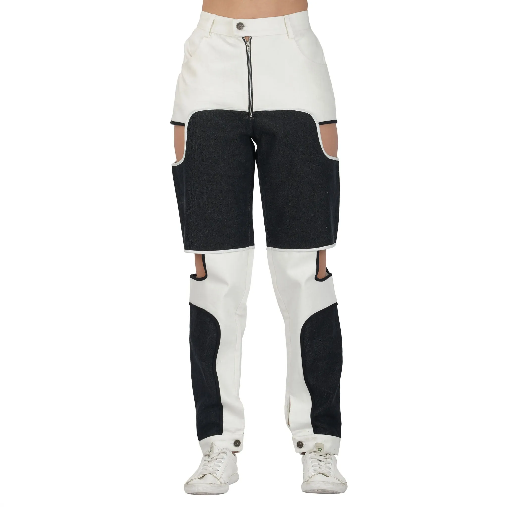 SLAY. Women's Side Cutout Black & White Colorblock Denim Jeans