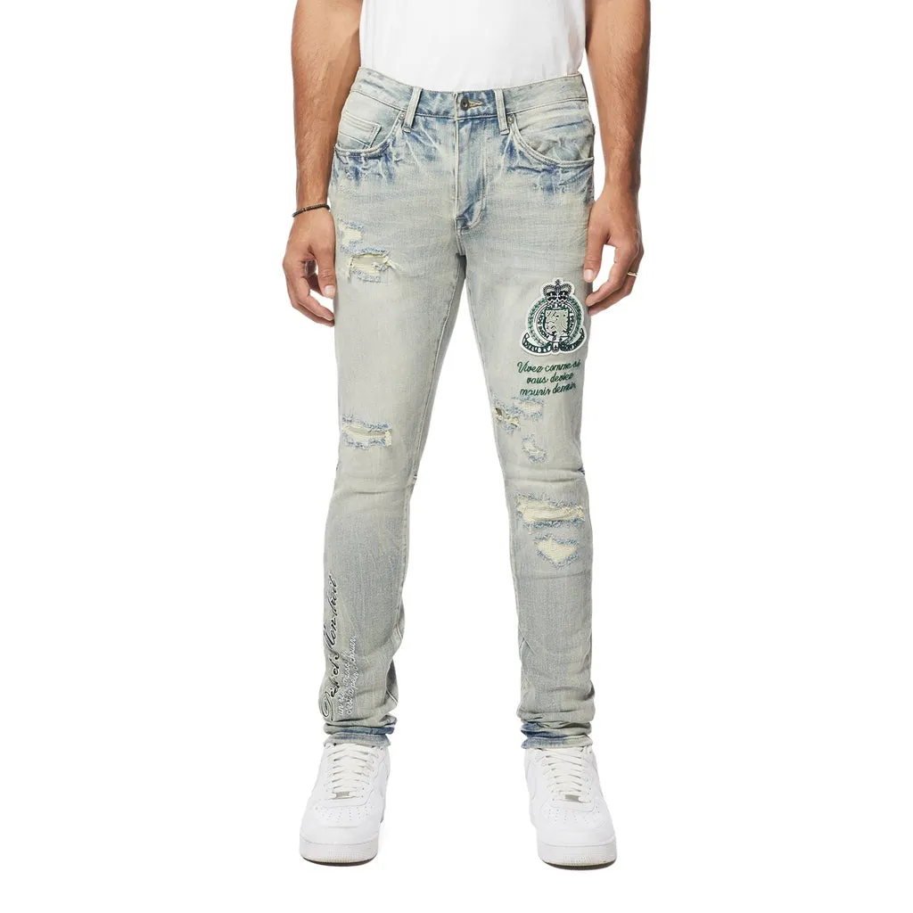 Slim Tapered Preppy Crest Embroidered Jeans - Cascade Blue