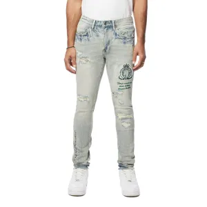 Slim Tapered Preppy Crest Embroidered Jeans - Cascade Blue