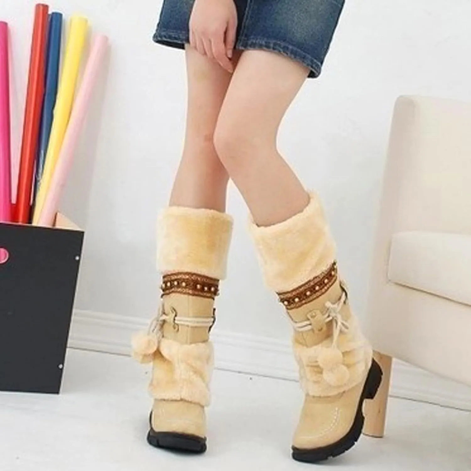 Snow Boots for Women Cute Waterproof Winter Walking Boots for Women Waterproof Winter Brown Fur Boots for Women Waterproof Womens Winter Snow Walking Shoes Botas De Frio Para Mujer Bajita