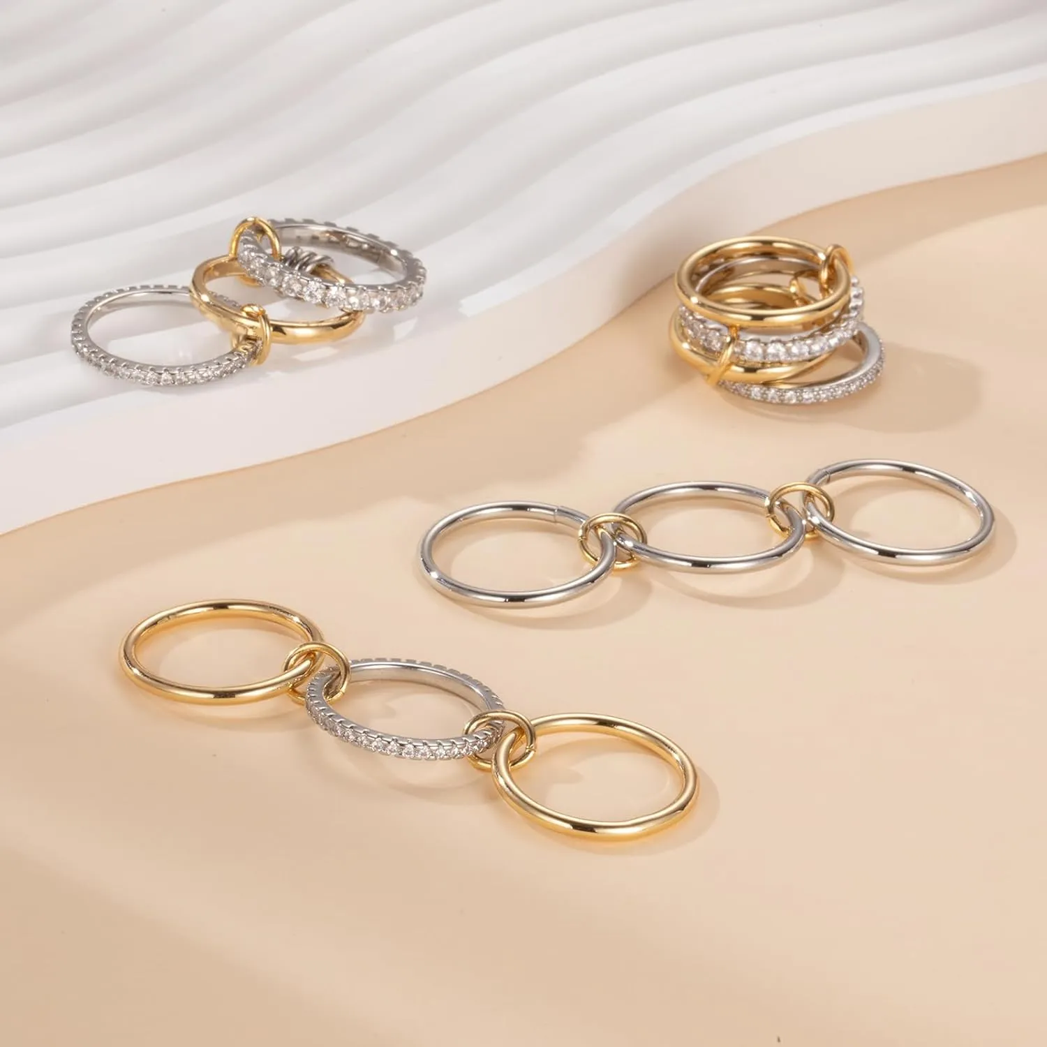 Stackable Interlocked Rings for Women, 14K Gold/White Gold Plated 3/4 Ring Stack Set, Mixed Metals Wedding Engagement Statement Bridal Two-Toned Bands, Size 6-9