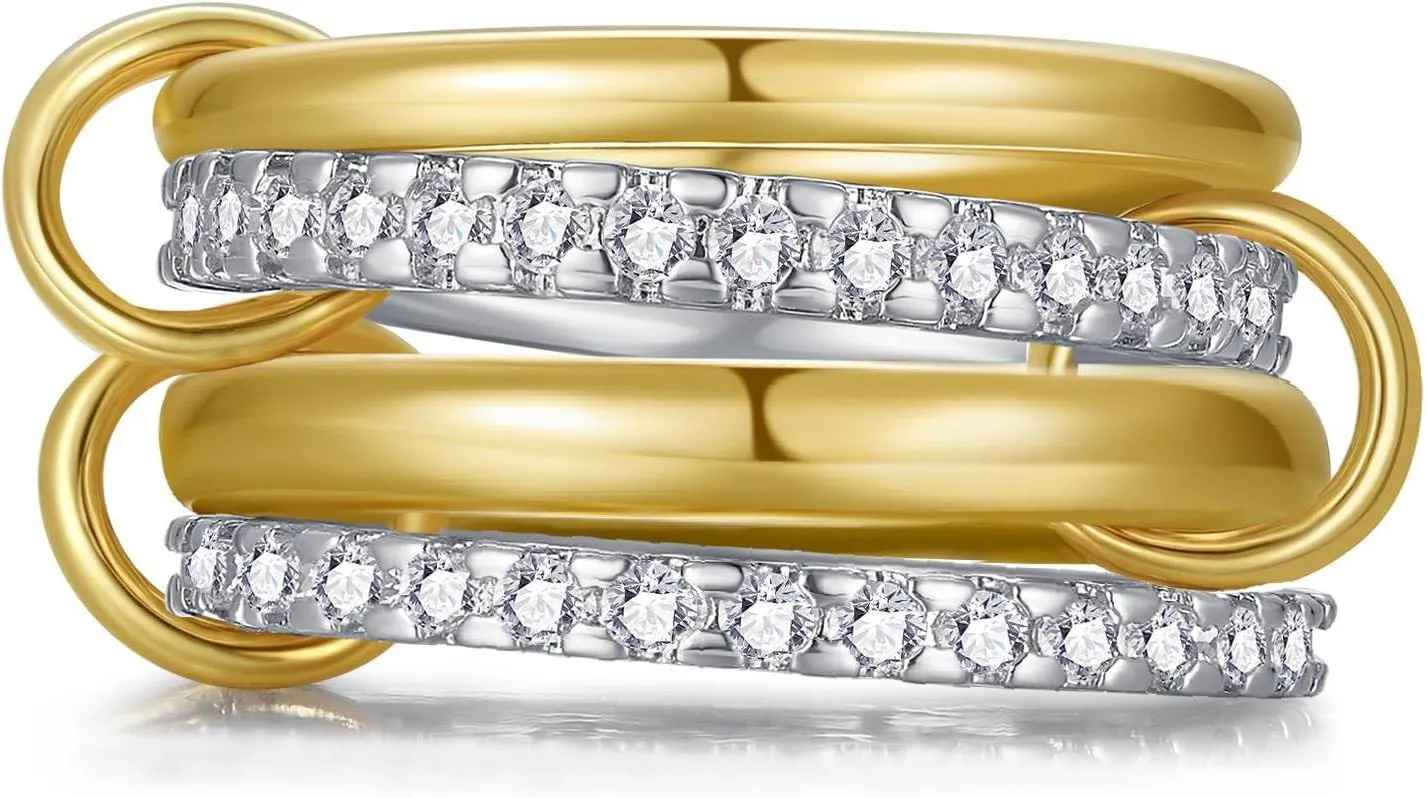 Stackable Interlocked Rings for Women, 14K Gold/White Gold Plated 3/4 Ring Stack Set, Mixed Metals Wedding Engagement Statement Bridal Two-Toned Bands, Size 6-9