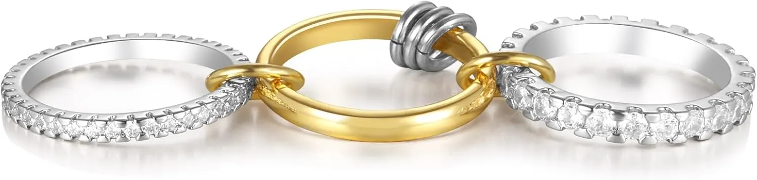 Stackable Interlocked Rings for Women, 14K Gold/White Gold Plated 3/4 Ring Stack Set, Mixed Metals Wedding Engagement Statement Bridal Two-Toned Bands, Size 6-9