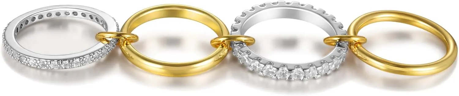 Stackable Interlocked Rings for Women, 14K Gold/White Gold Plated 3/4 Ring Stack Set, Mixed Metals Wedding Engagement Statement Bridal Two-Toned Bands, Size 6-9