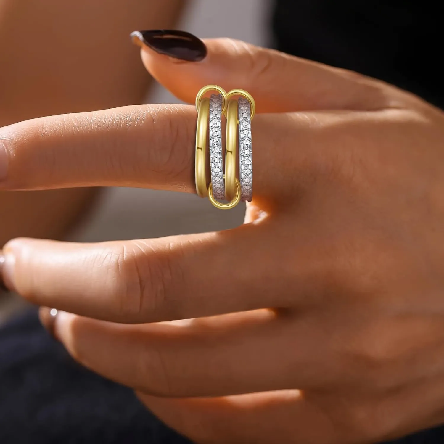 Stackable Interlocked Rings for Women, 14K Gold/White Gold Plated 3/4 Ring Stack Set, Mixed Metals Wedding Engagement Statement Bridal Two-Toned Bands, Size 6-9