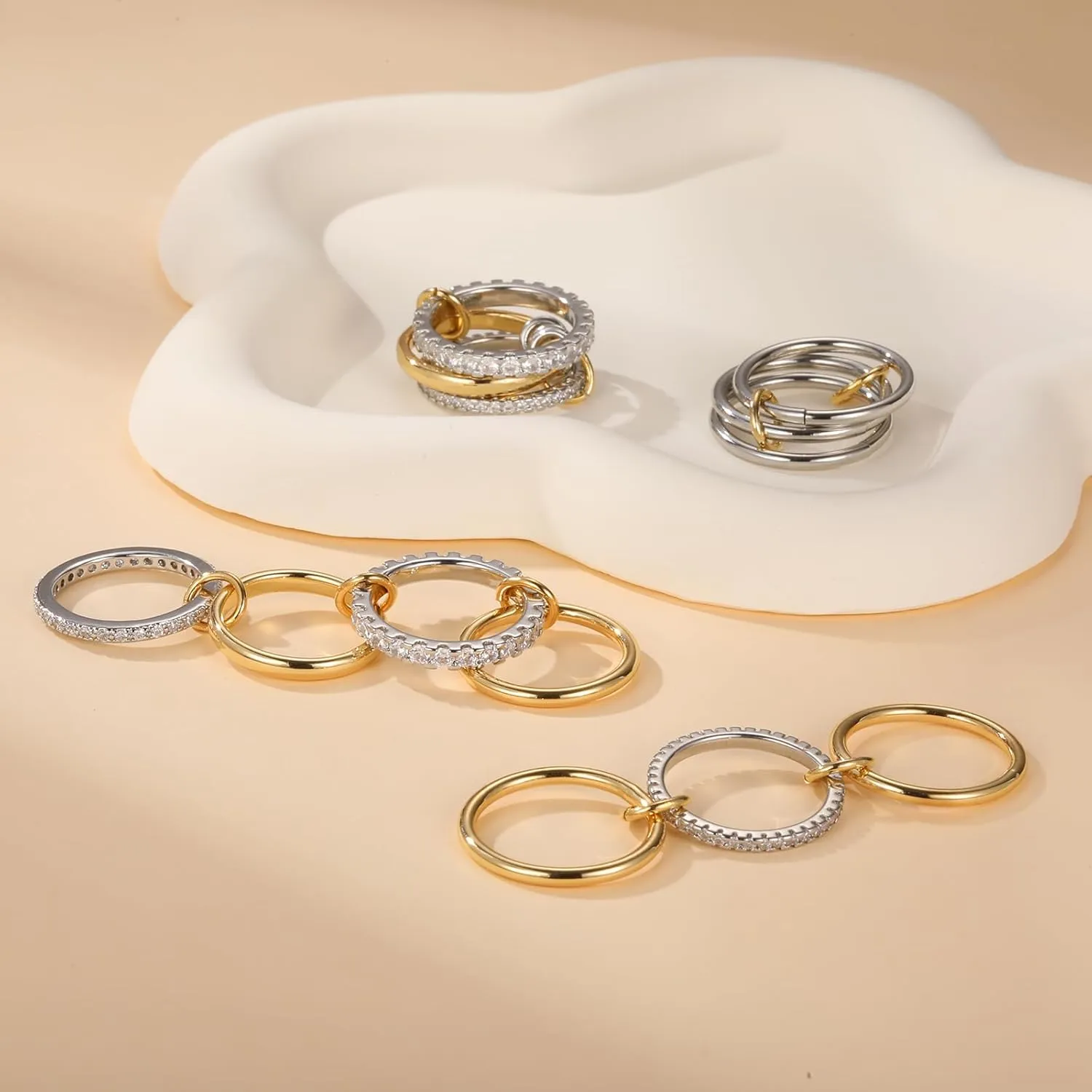Stackable Interlocked Rings for Women, 14K Gold/White Gold Plated 3/4 Ring Stack Set, Mixed Metals Wedding Engagement Statement Bridal Two-Toned Bands, Size 6-9