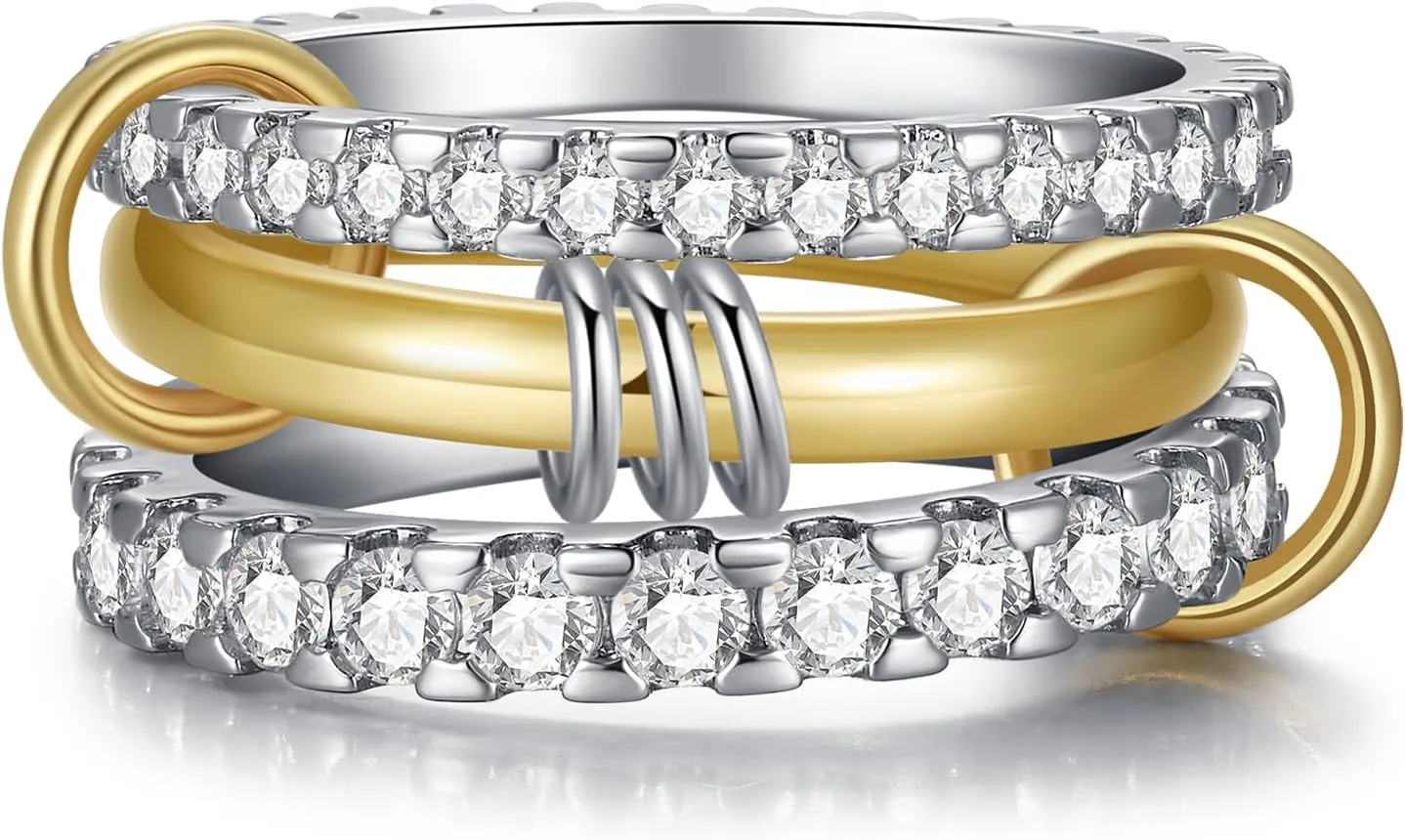 Stackable Interlocked Rings for Women, 14K Gold/White Gold Plated 3/4 Ring Stack Set, Mixed Metals Wedding Engagement Statement Bridal Two-Toned Bands, Size 6-9