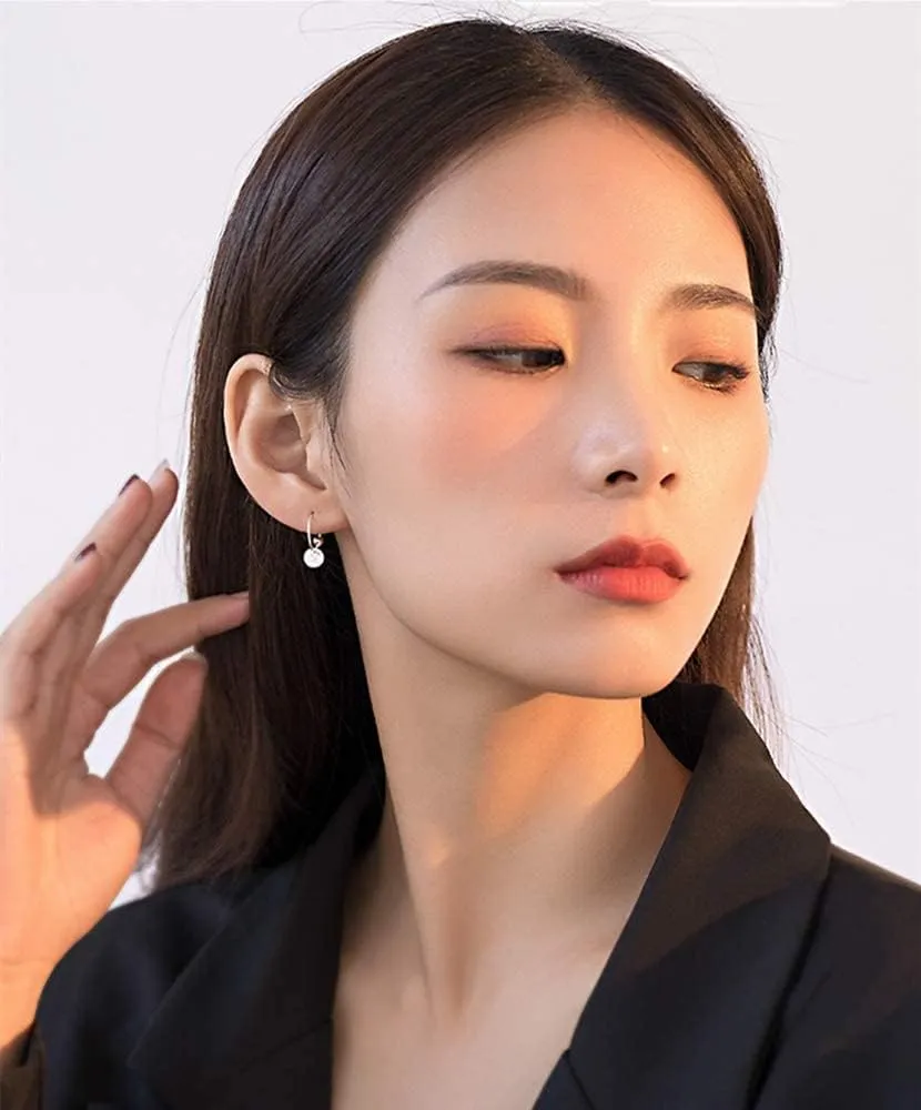 Sterling Silver Disc Drop Dangle Ball Bead Small Hoop Earrings for Women Girls Huggie Endless Round Hoops Cartilage Helix Stud Tragus Minimalist Sleeper Pierced Ear Nickel Free 8mm