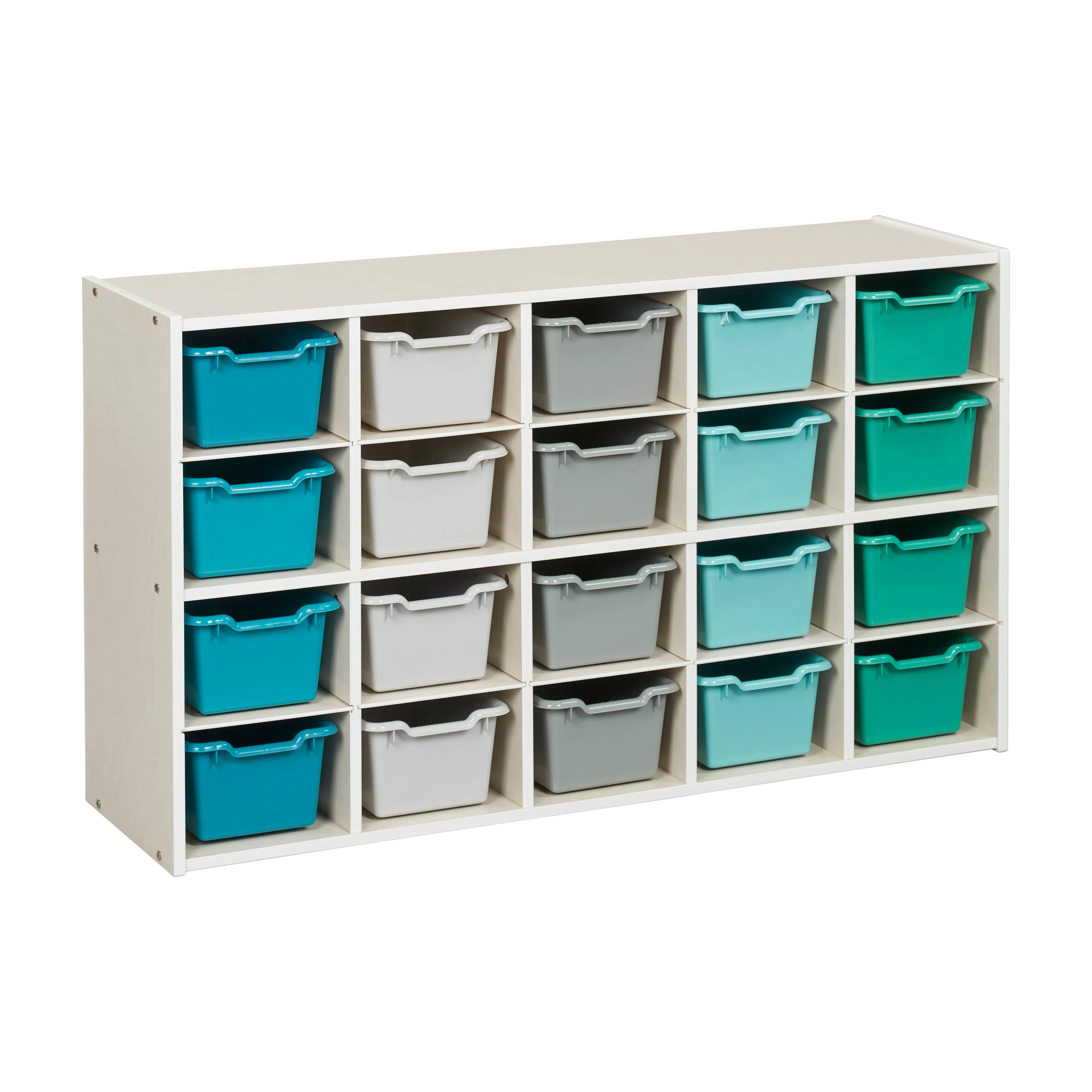 Streamline 20 Cubby Tray Storage Cabinet with Scoop Front Storage Bins, 4x5, White Wash