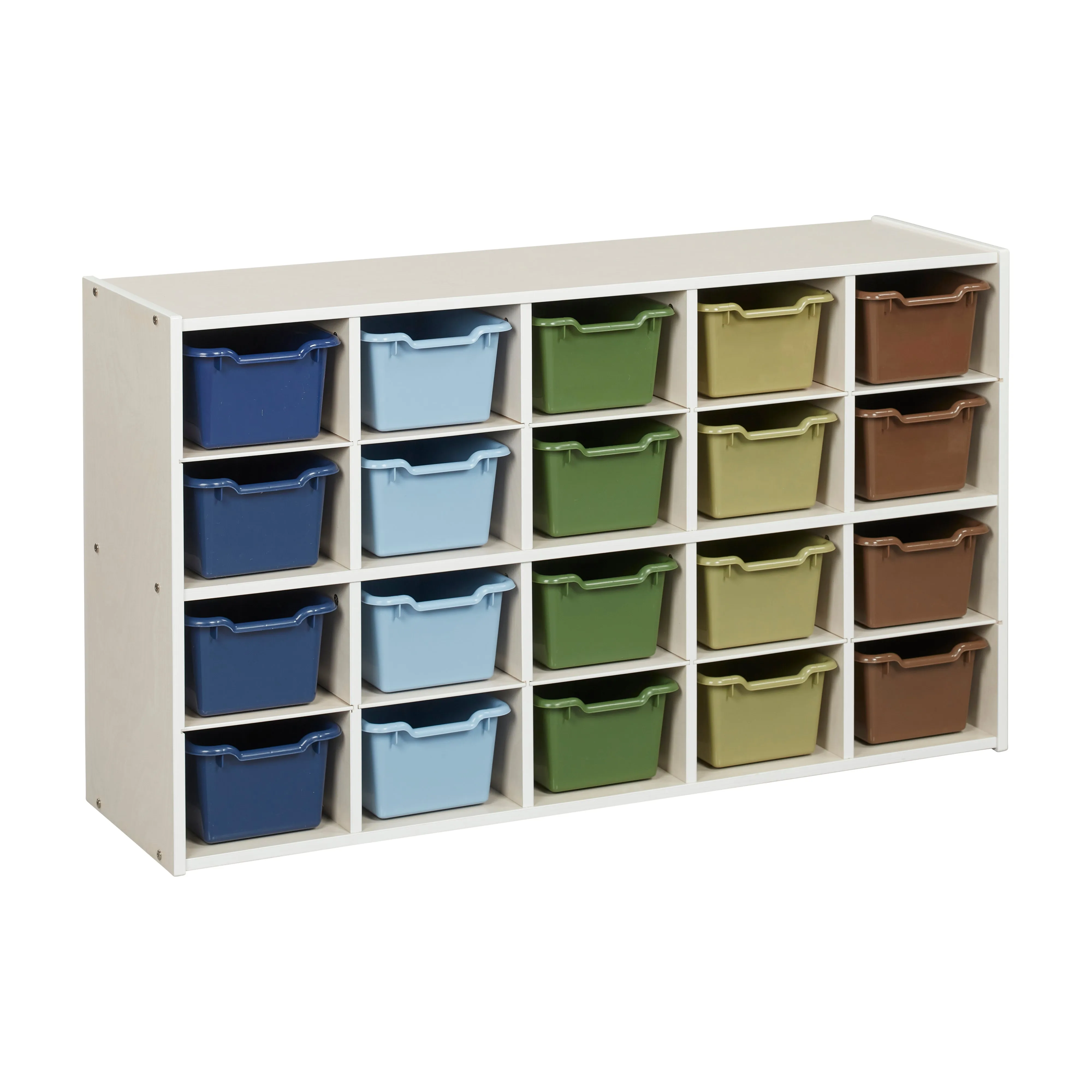 Streamline 20 Cubby Tray Storage Cabinet with Scoop Front Storage Bins, 4x5, White Wash