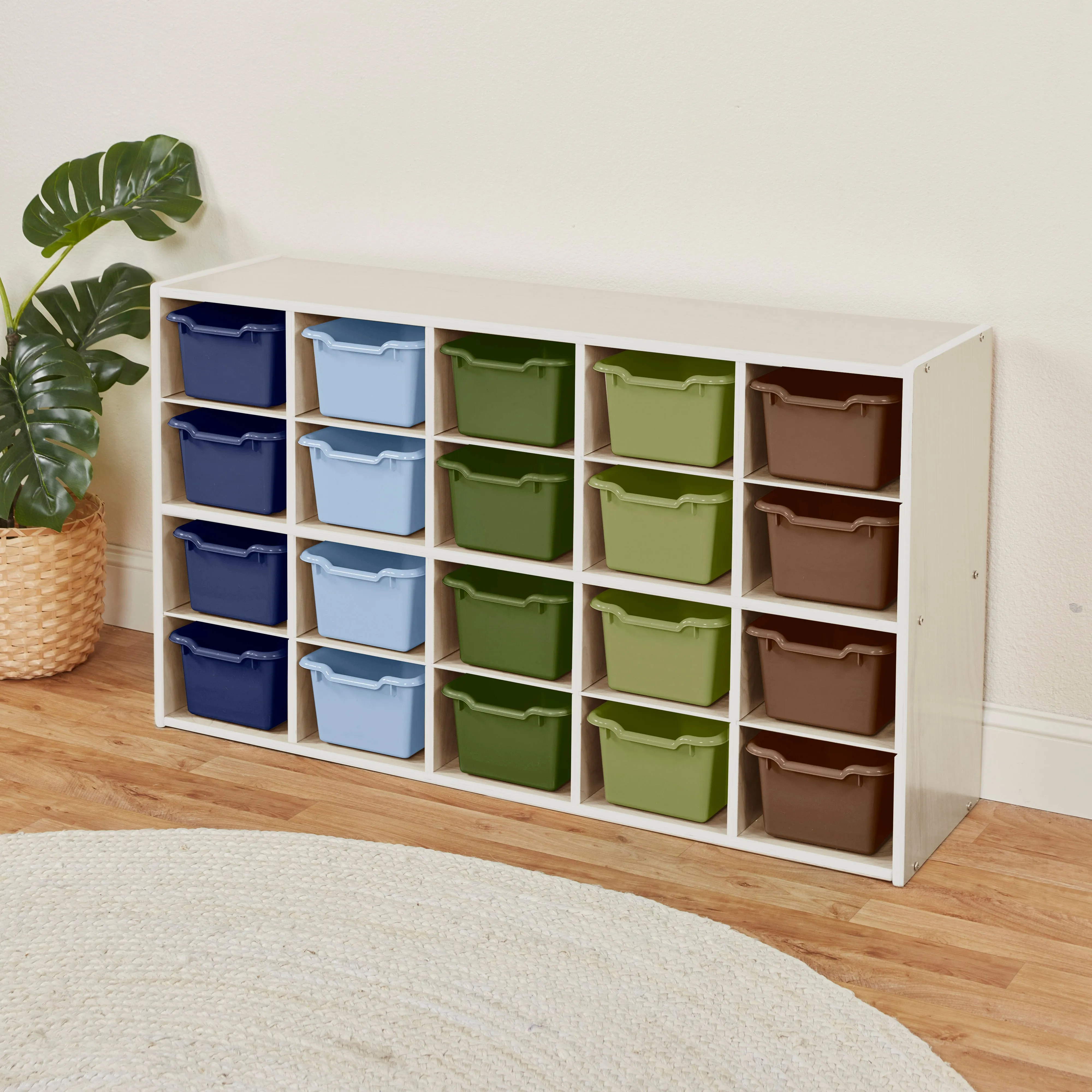 Streamline 20 Cubby Tray Storage Cabinet with Scoop Front Storage Bins, 4x5, White Wash