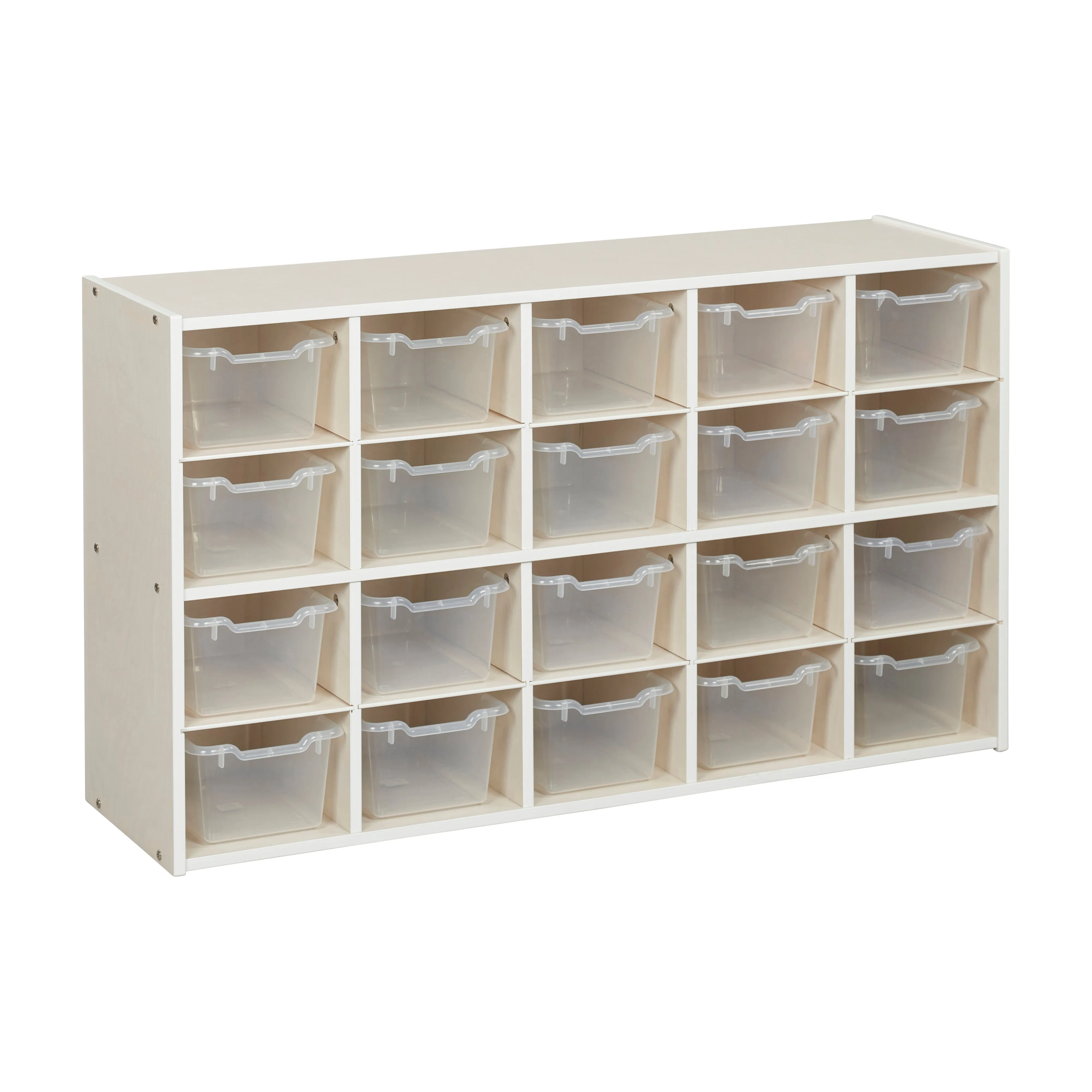 Streamline 20 Cubby Tray Storage Cabinet with Scoop Front Storage Bins, 4x5, White Wash