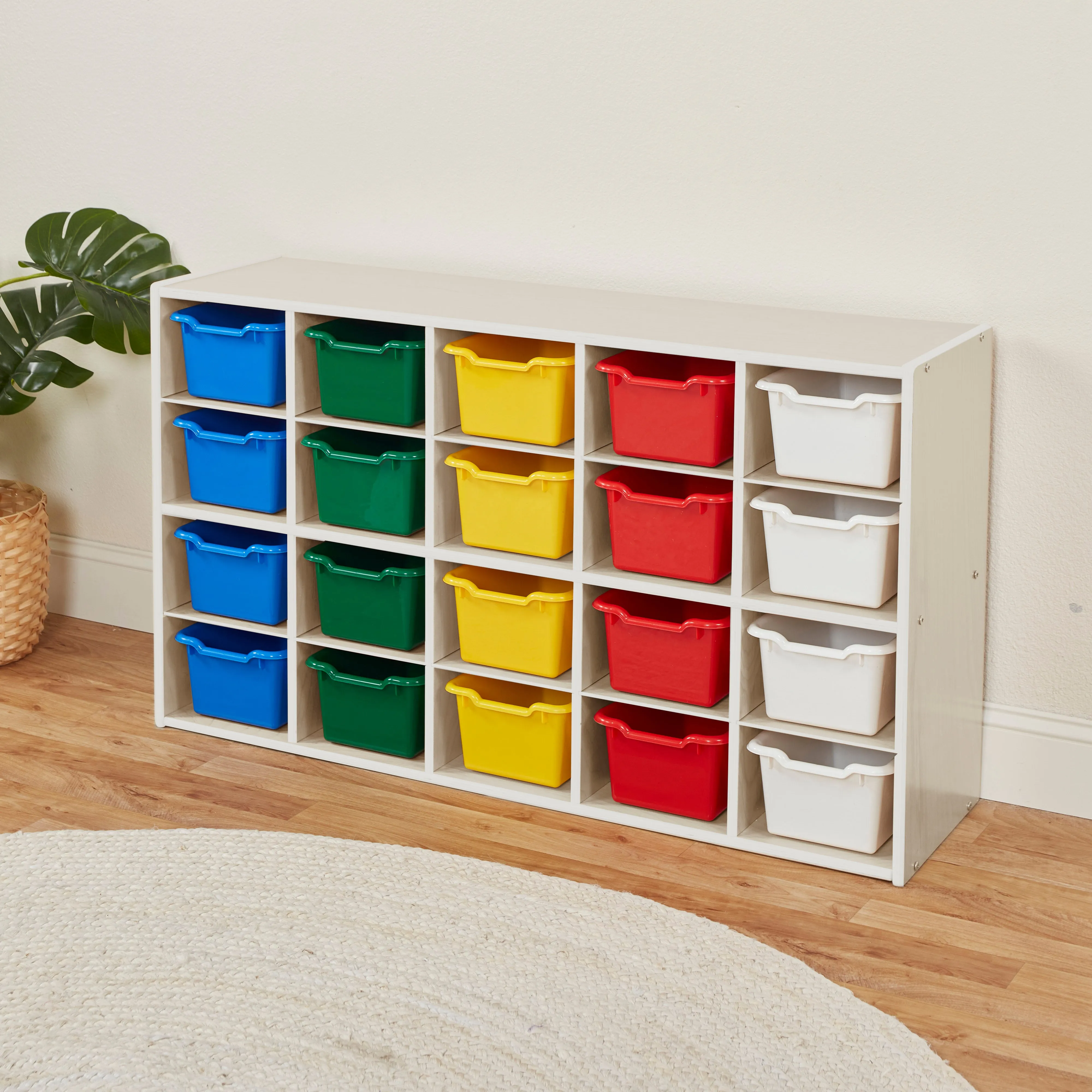 Streamline 20 Cubby Tray Storage Cabinet with Scoop Front Storage Bins, 4x5, White Wash