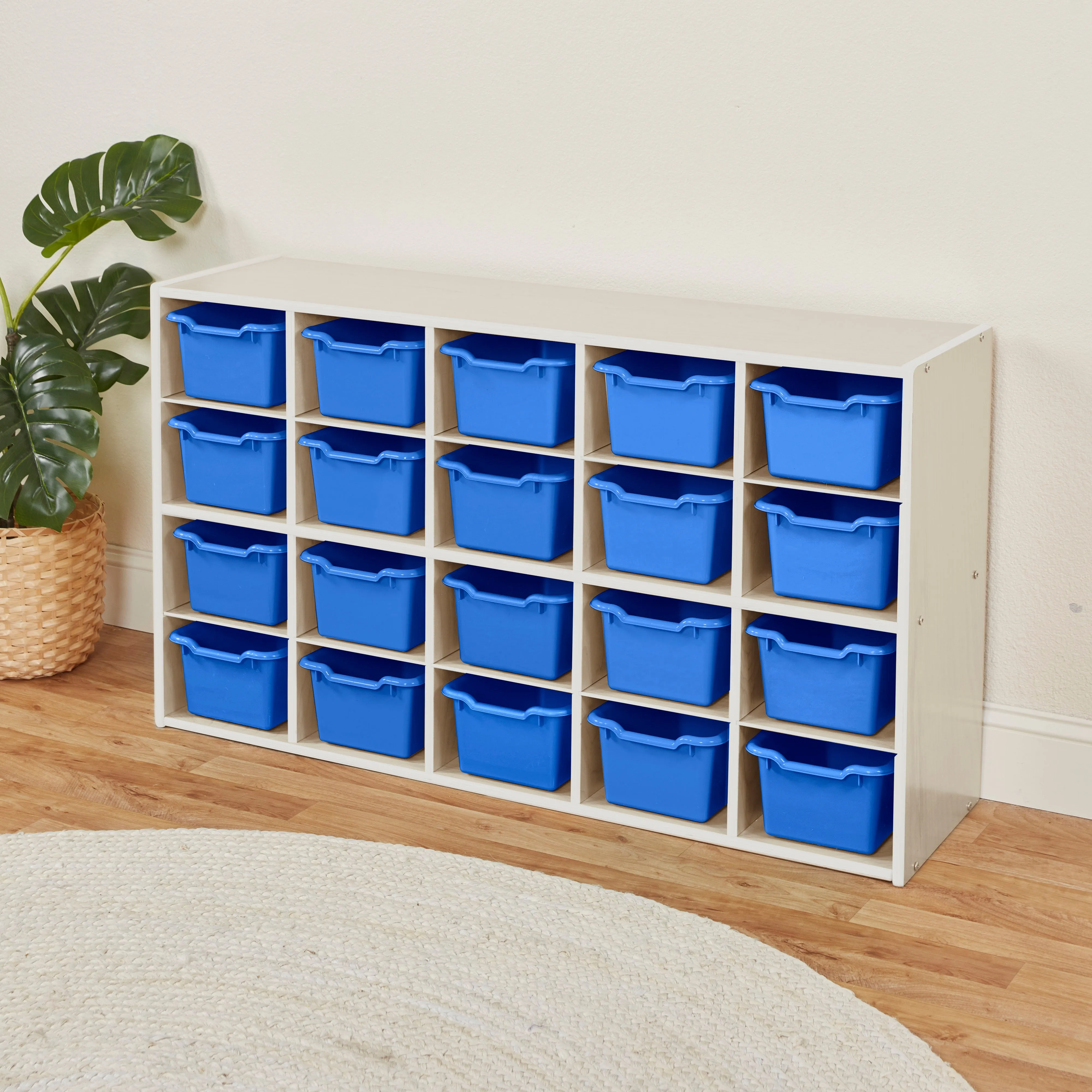 Streamline 20 Cubby Tray Storage Cabinet with Scoop Front Storage Bins, 4x5, White Wash