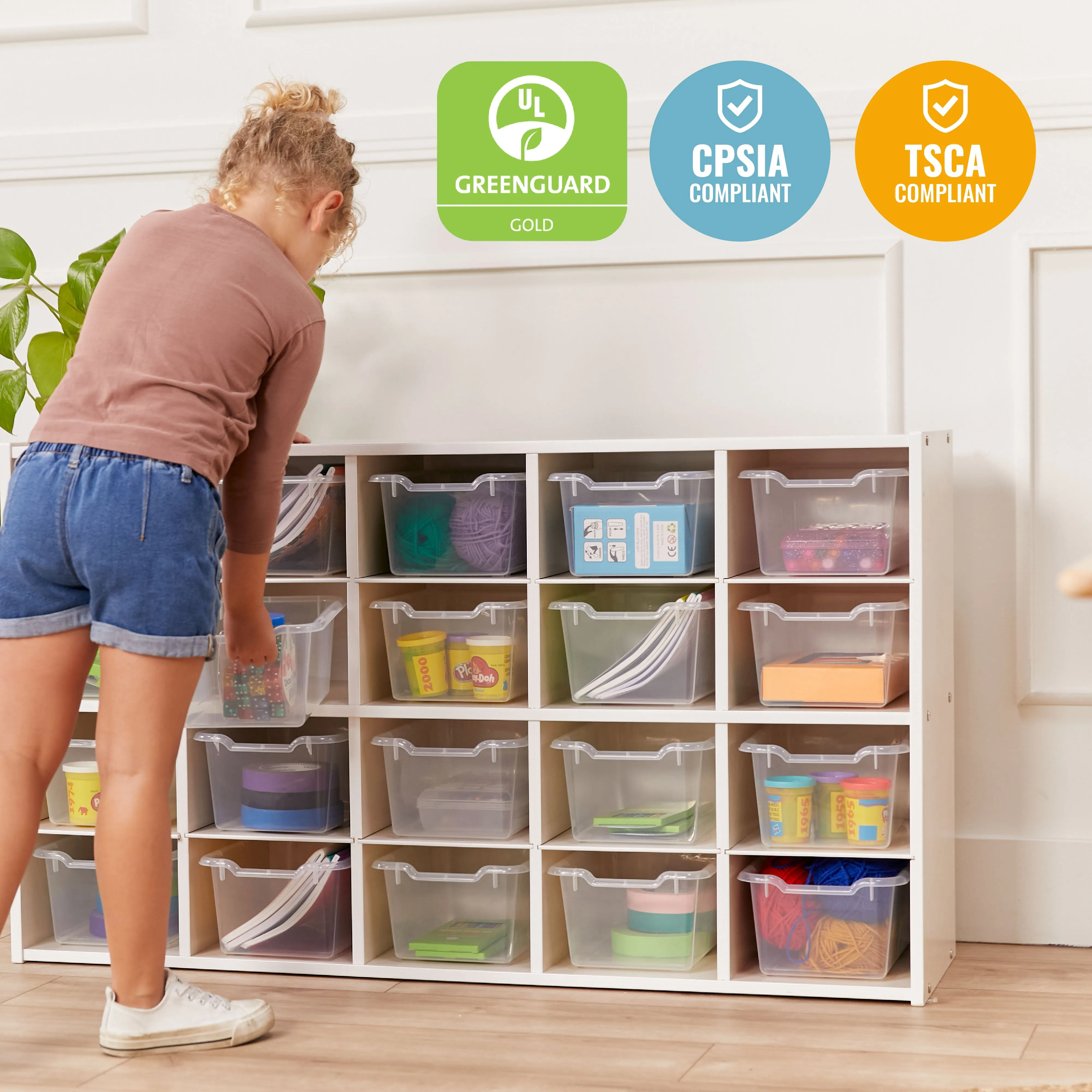 Streamline 20 Cubby Tray Storage Cabinet with Scoop Front Storage Bins, 4x5, White Wash